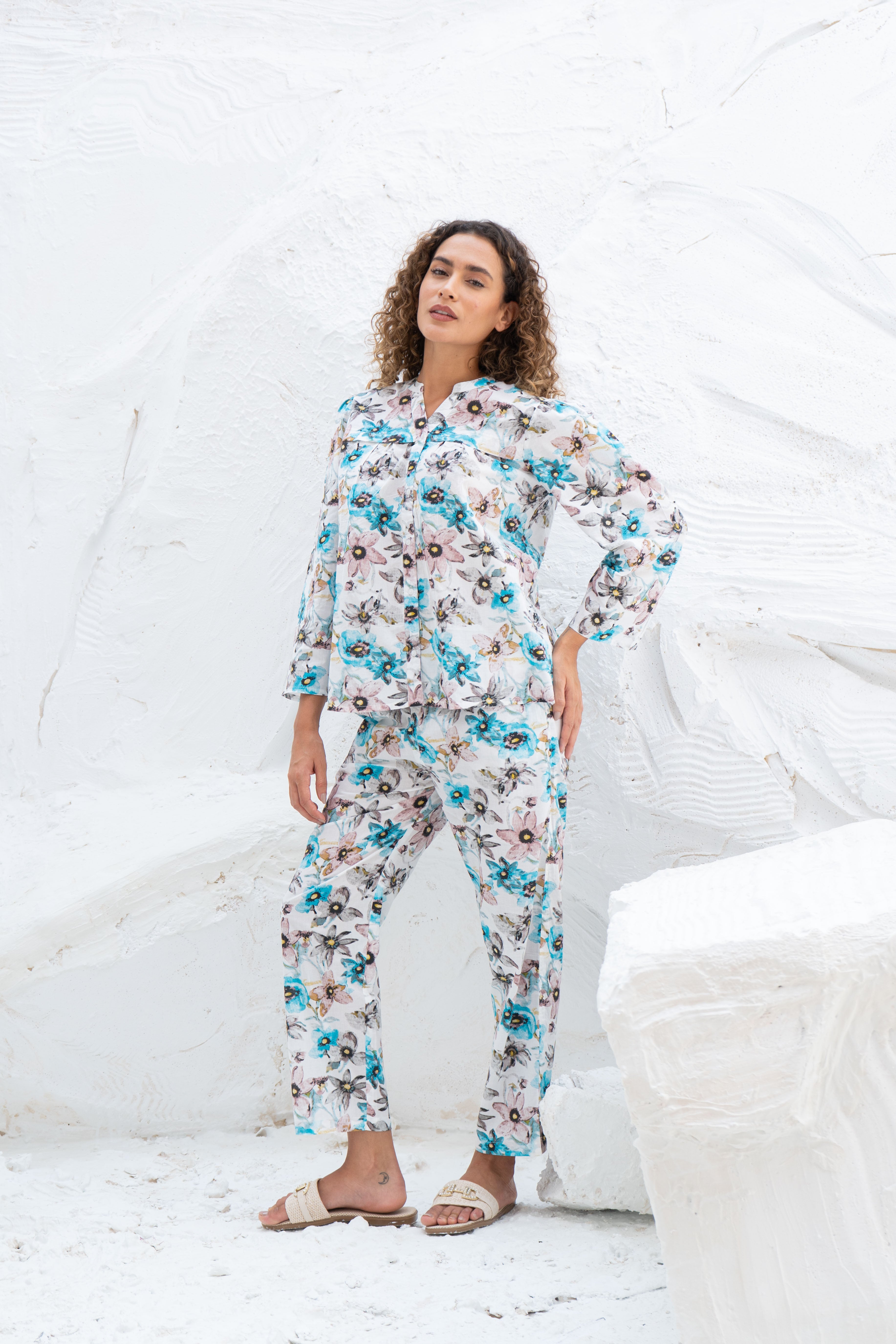 White Flower Printed Cotton Night Suit Set