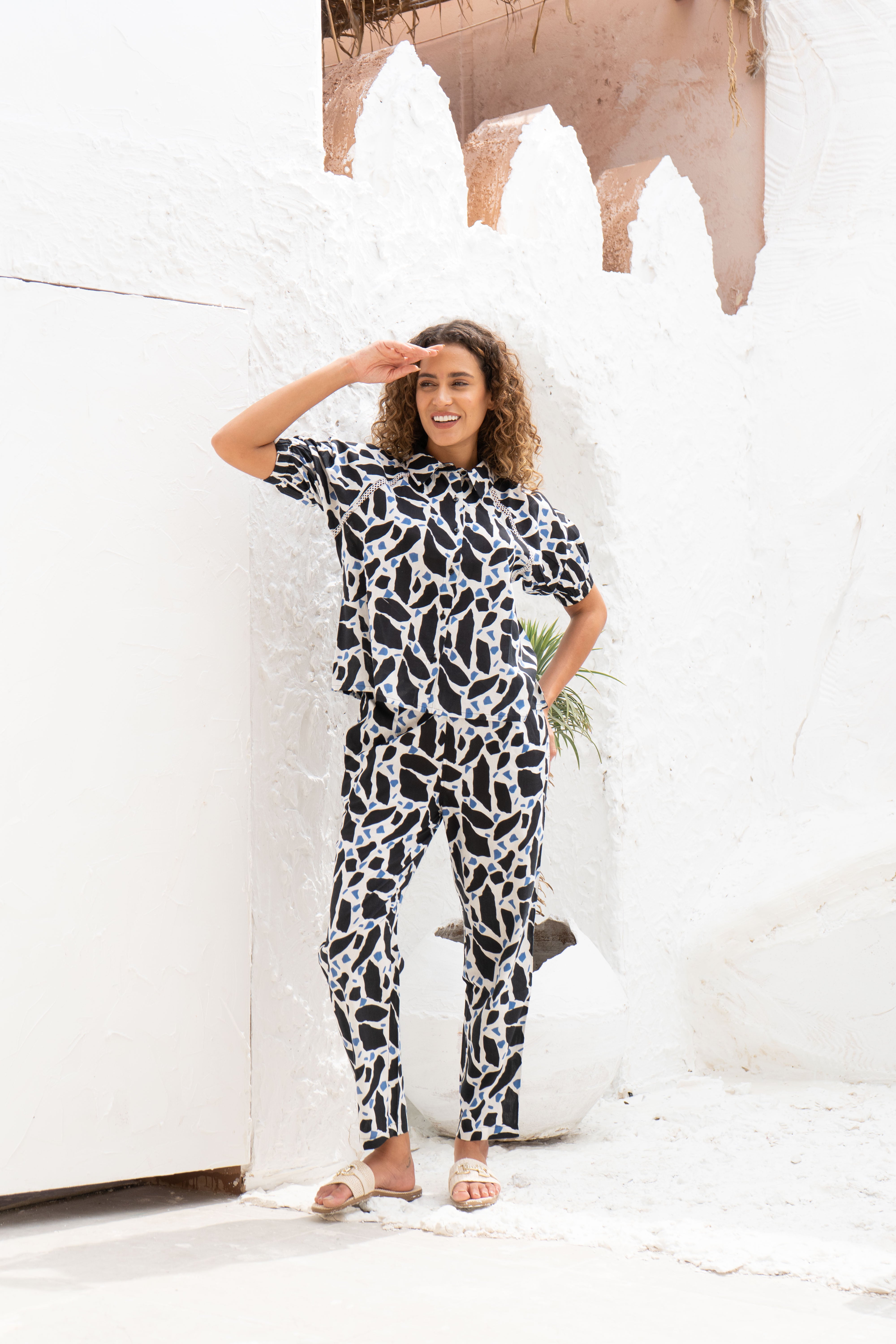 Black Printed Cotton Night Suit Set