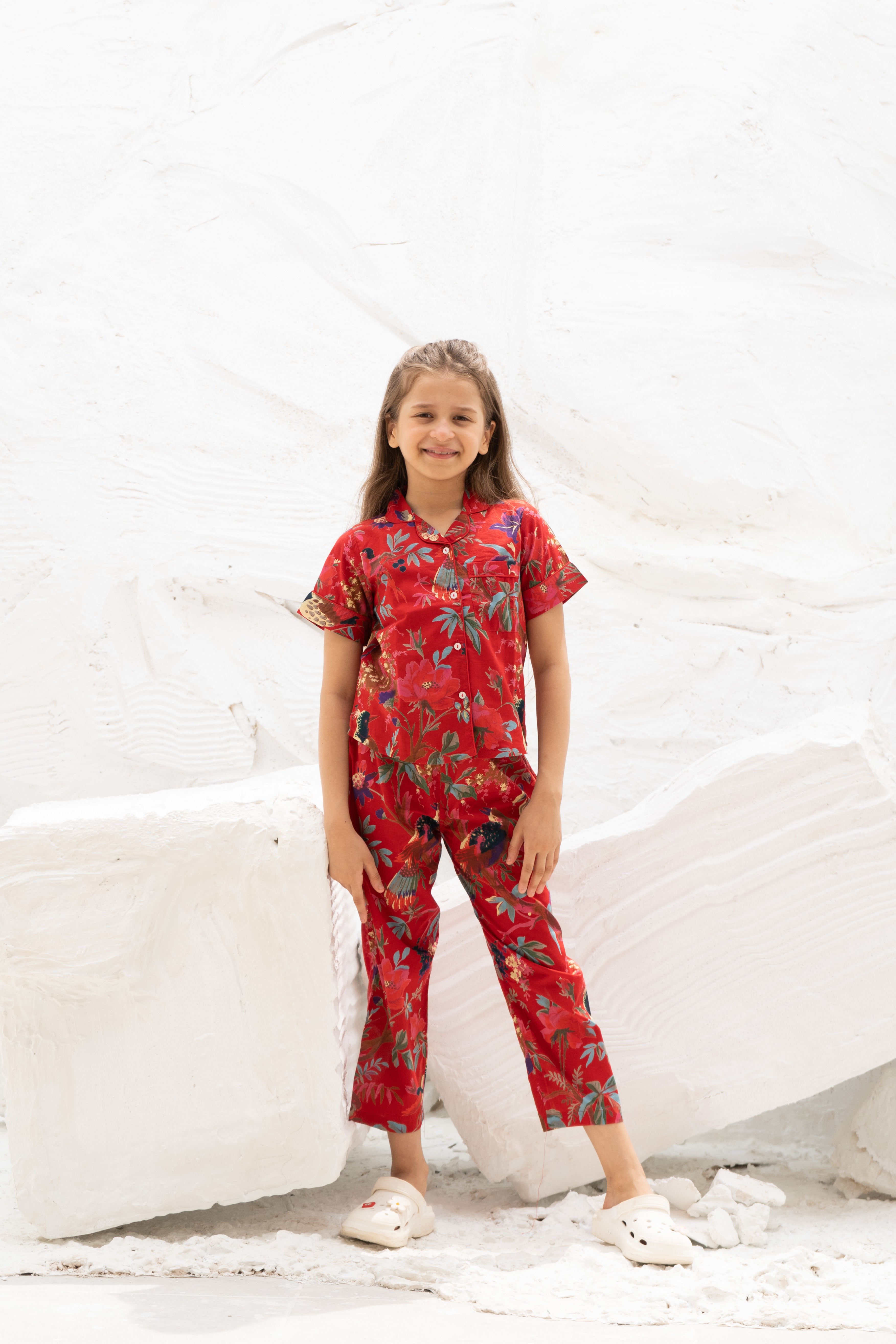 Red Floral Printed Cotton Night Suit for Kids