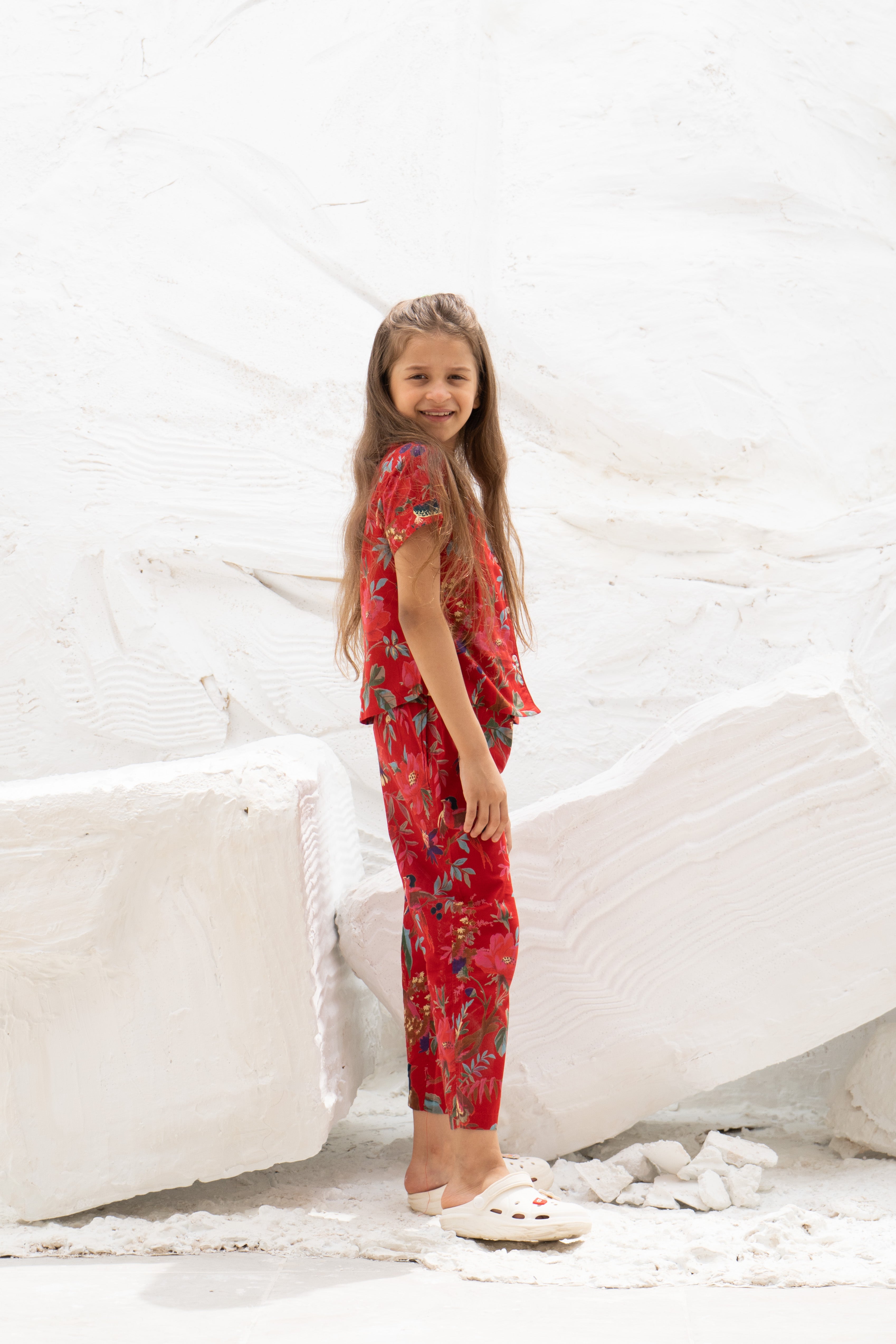 Red Floral Printed Cotton Night Suit for Kids