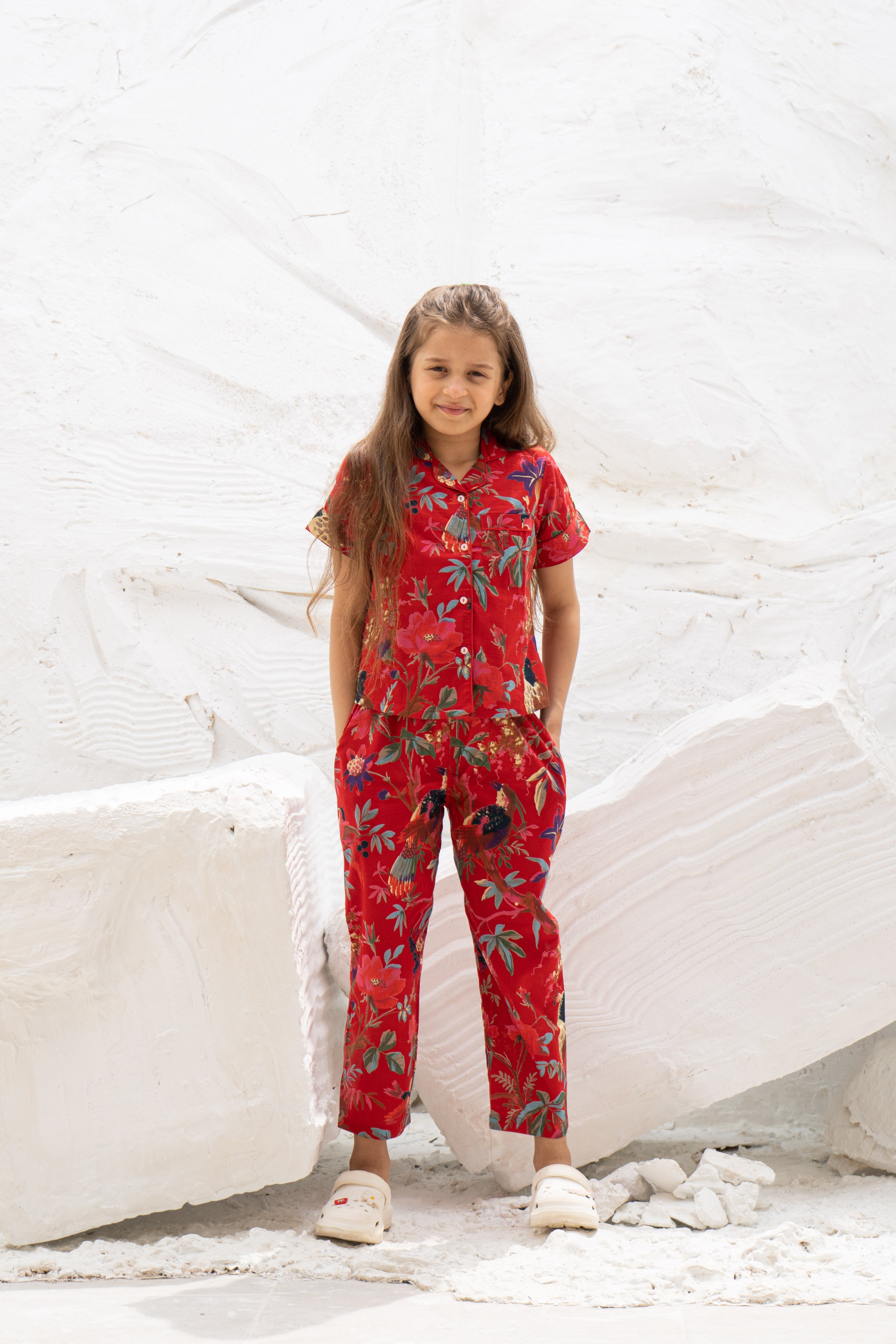 Red Floral Printed Cotton Night Suit for Kids