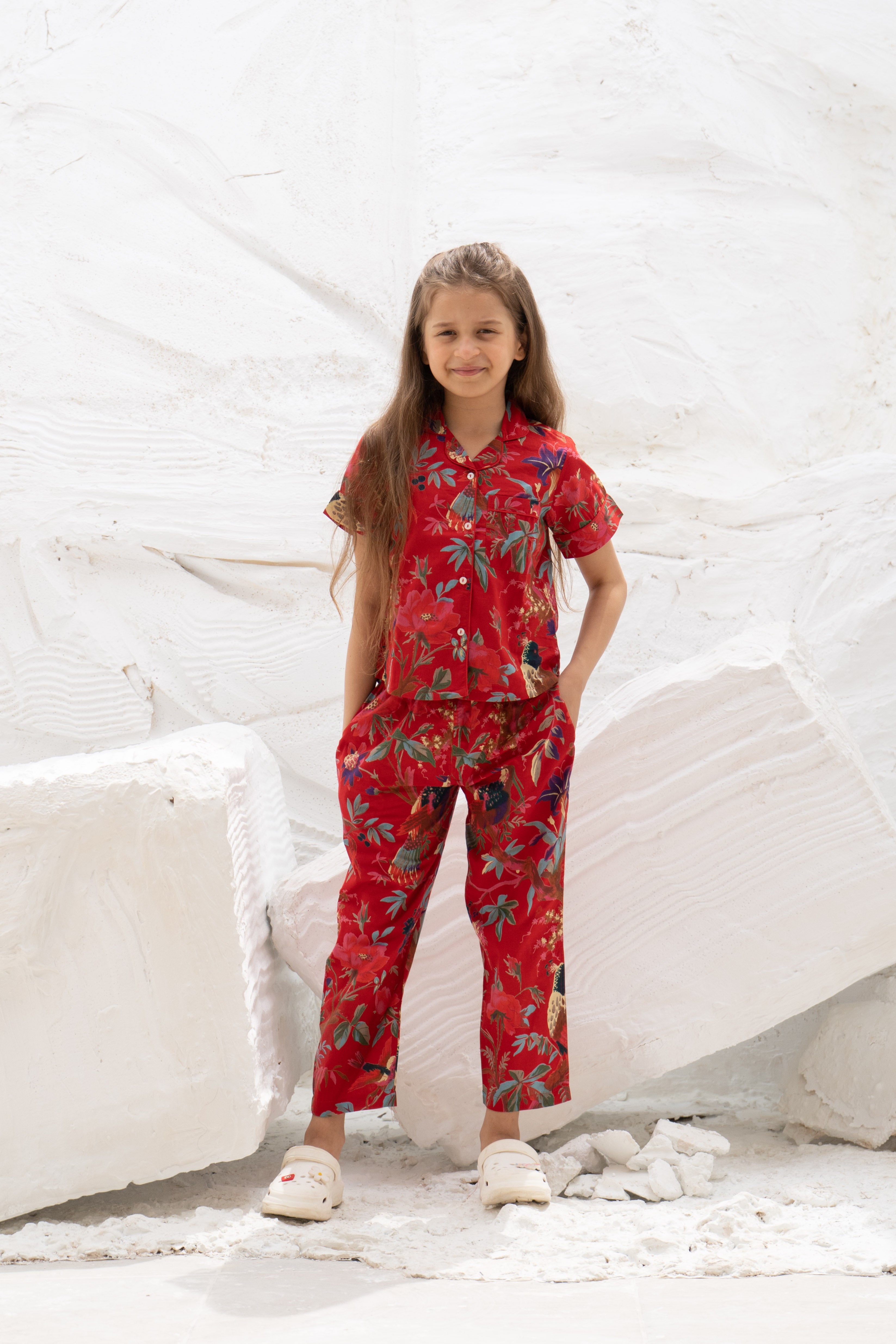 Red Floral Printed Cotton Night Suit for Kids