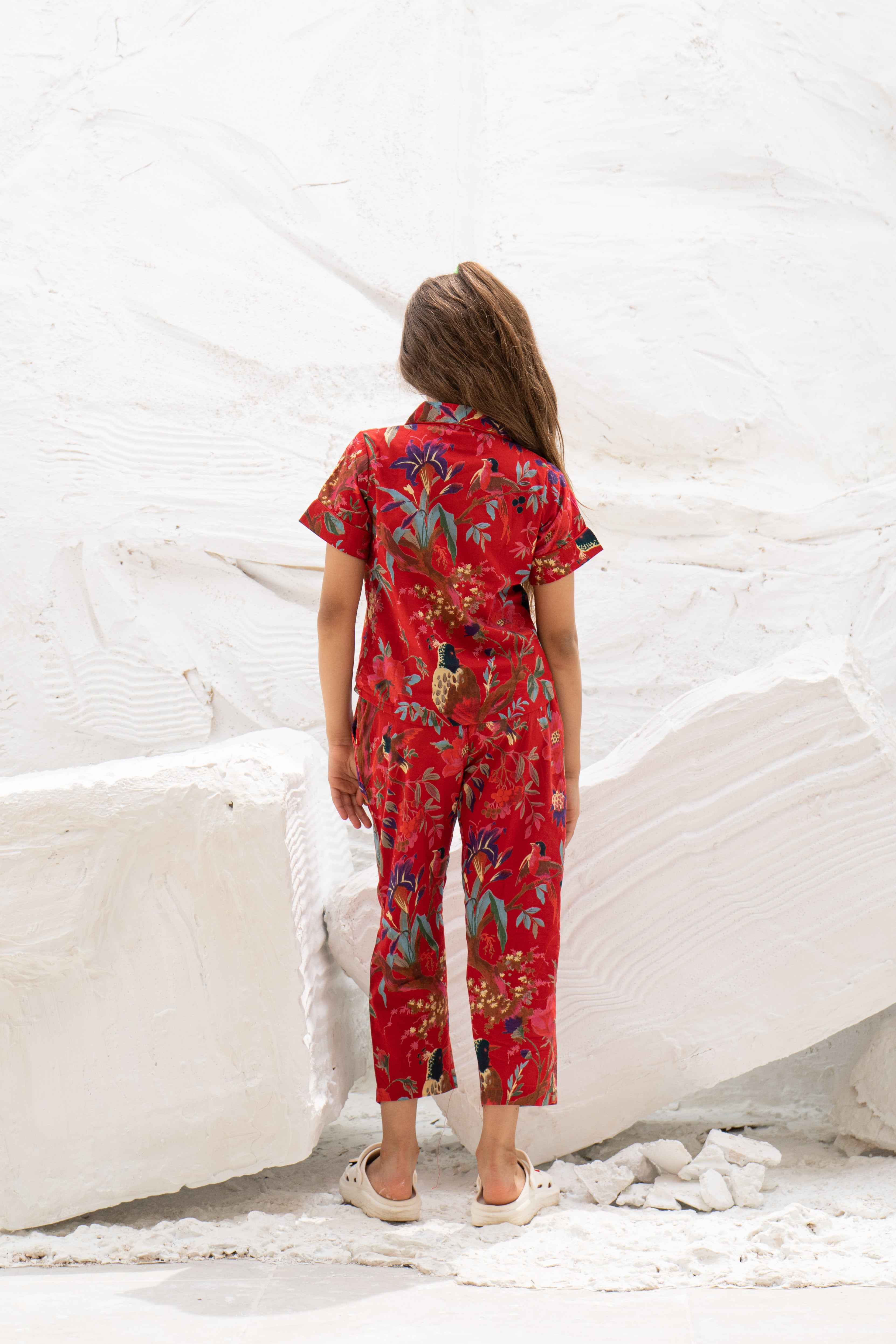 Red Floral Printed Cotton Night Suit for Kids