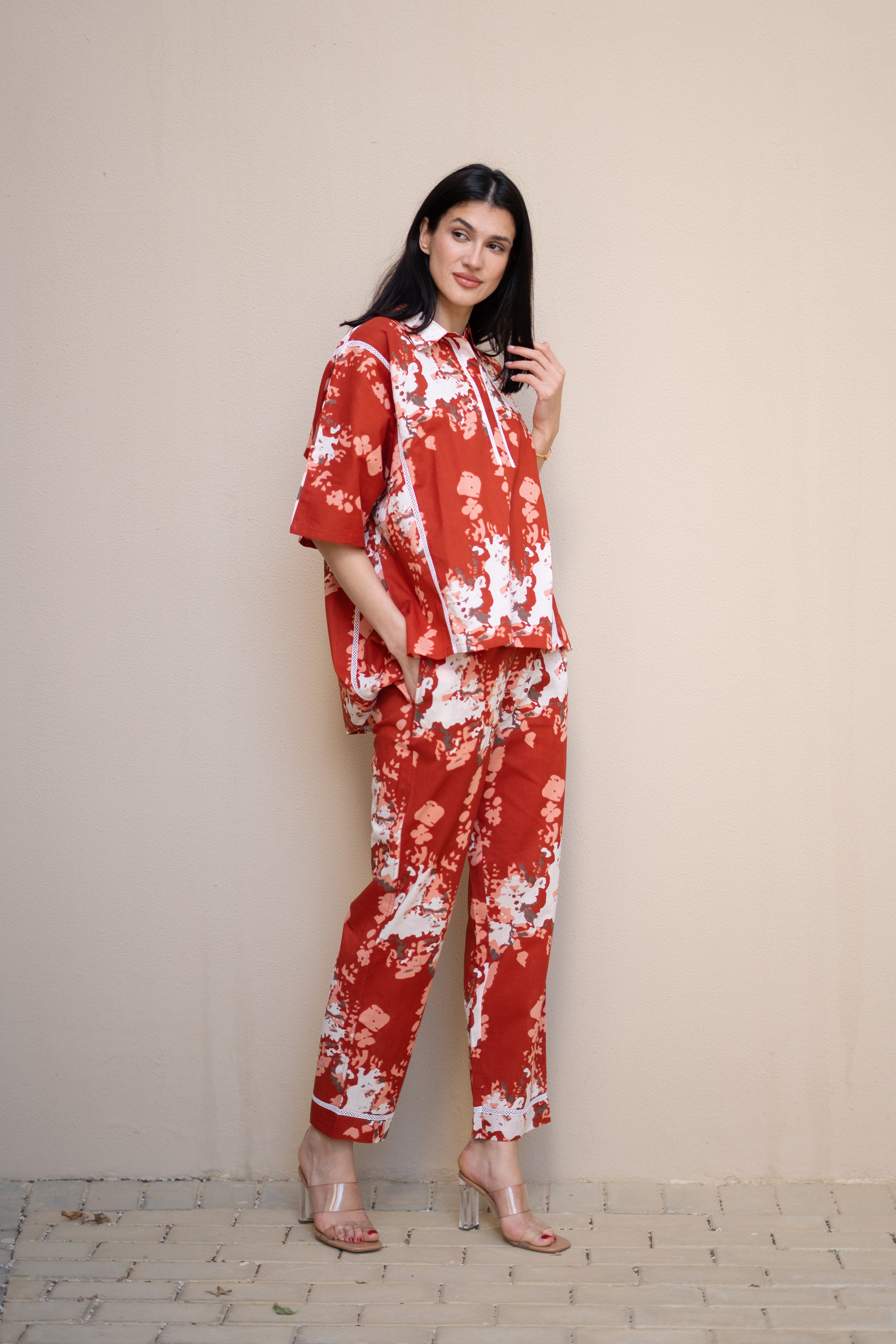 Red Color Floral Printed Cotton Night Suit