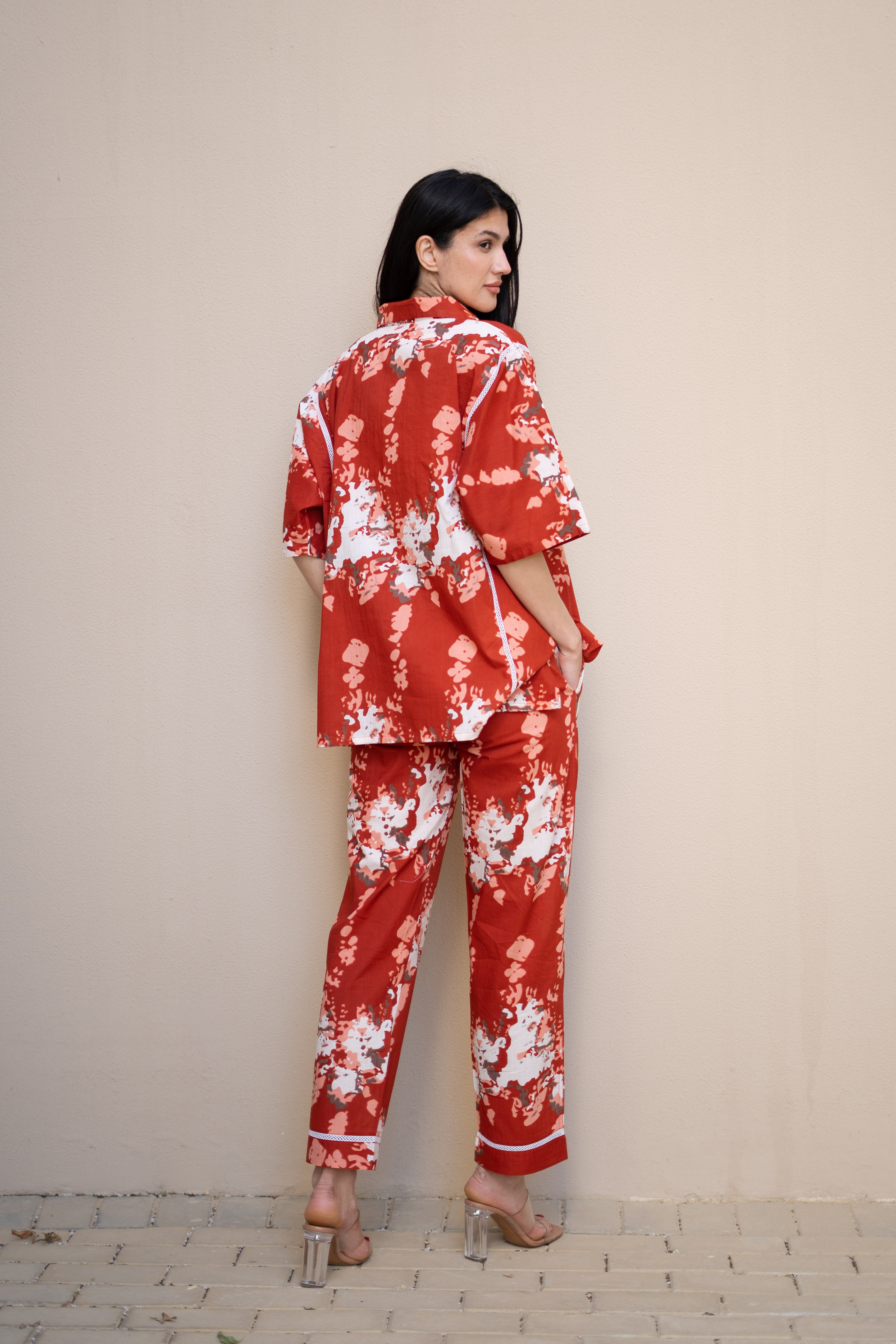 Red Color Floral Printed Cotton Night Suit