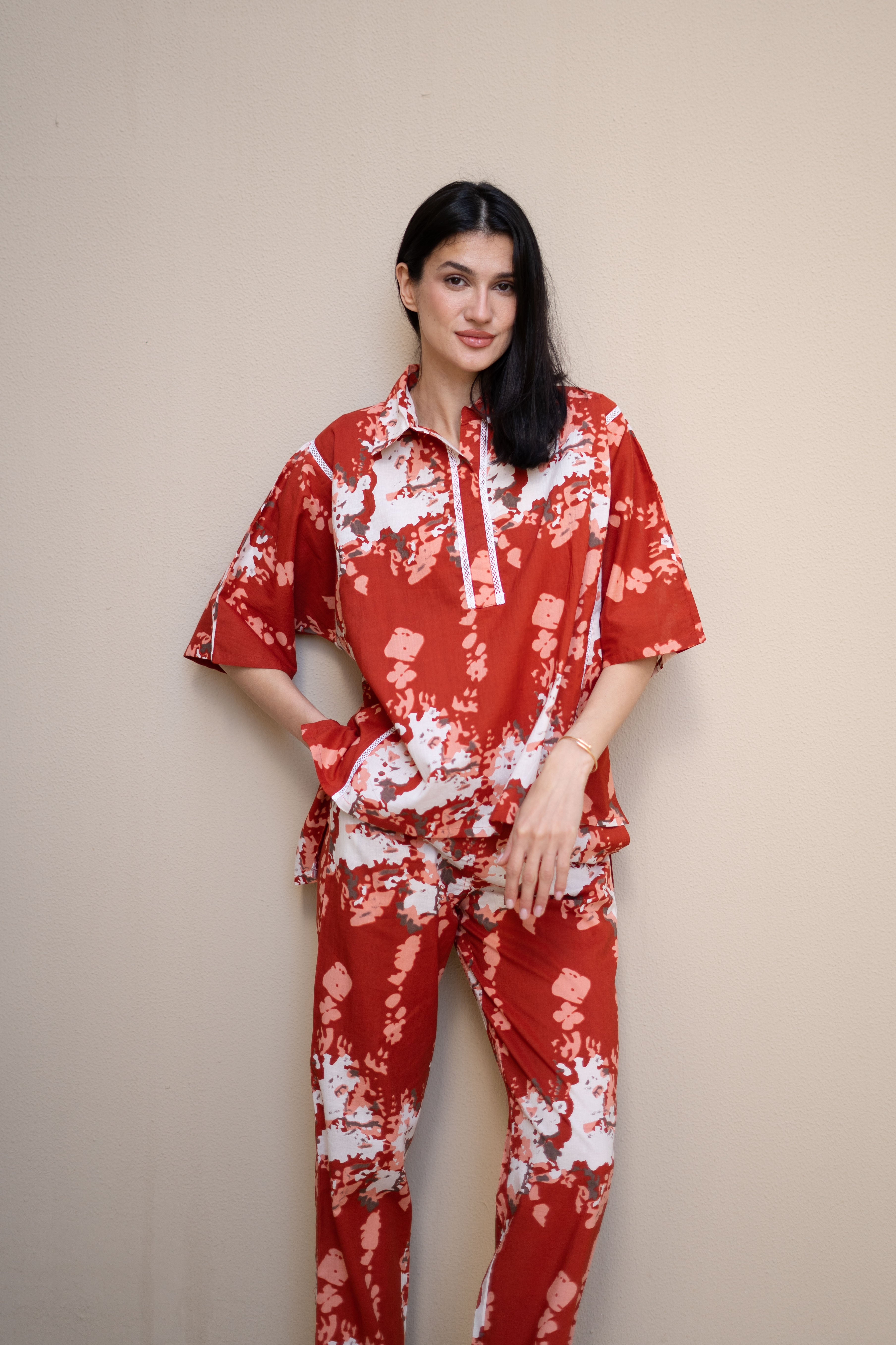 Red Color Floral Printed Cotton Night Suit