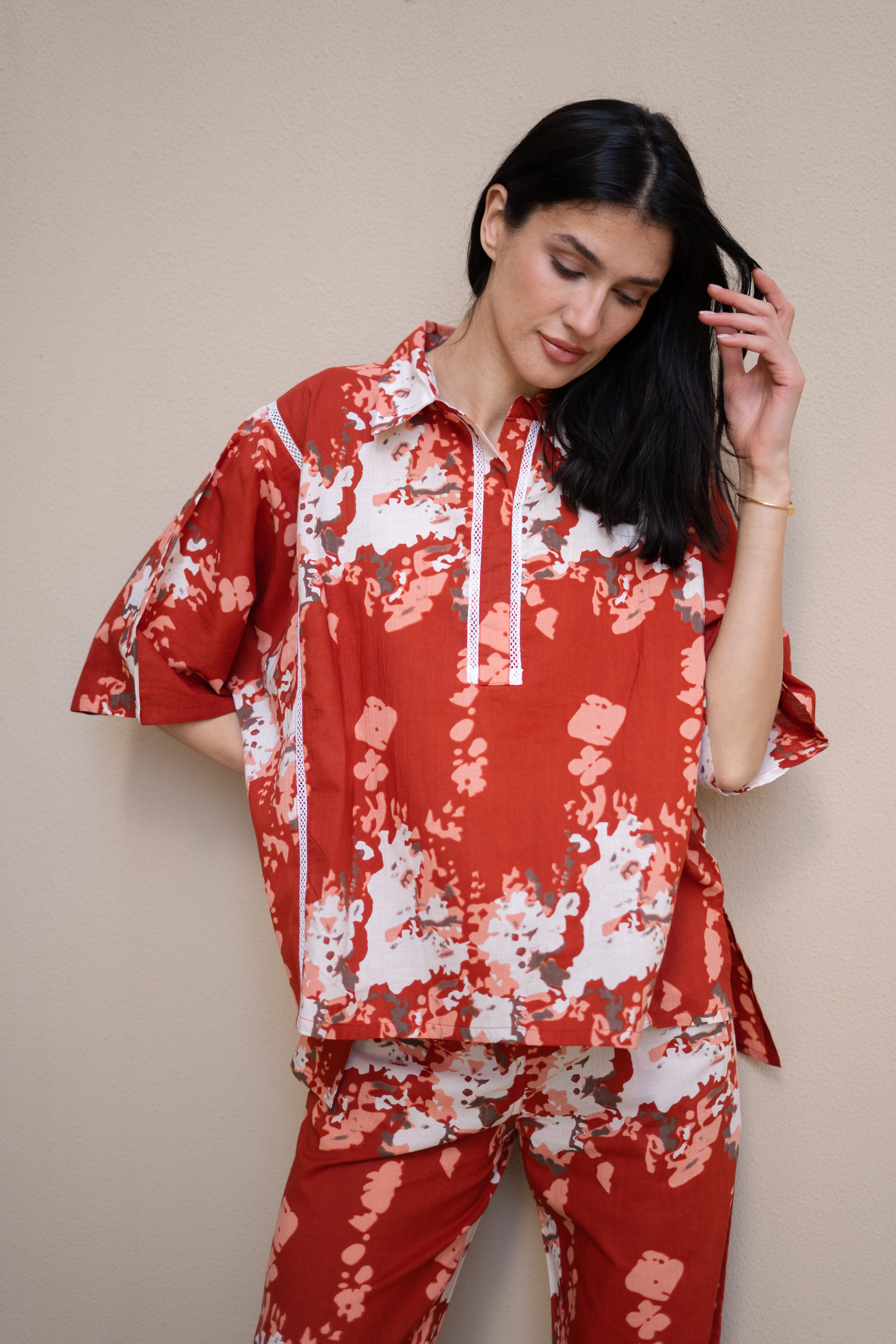 Red Color Floral Printed Cotton Night Suit