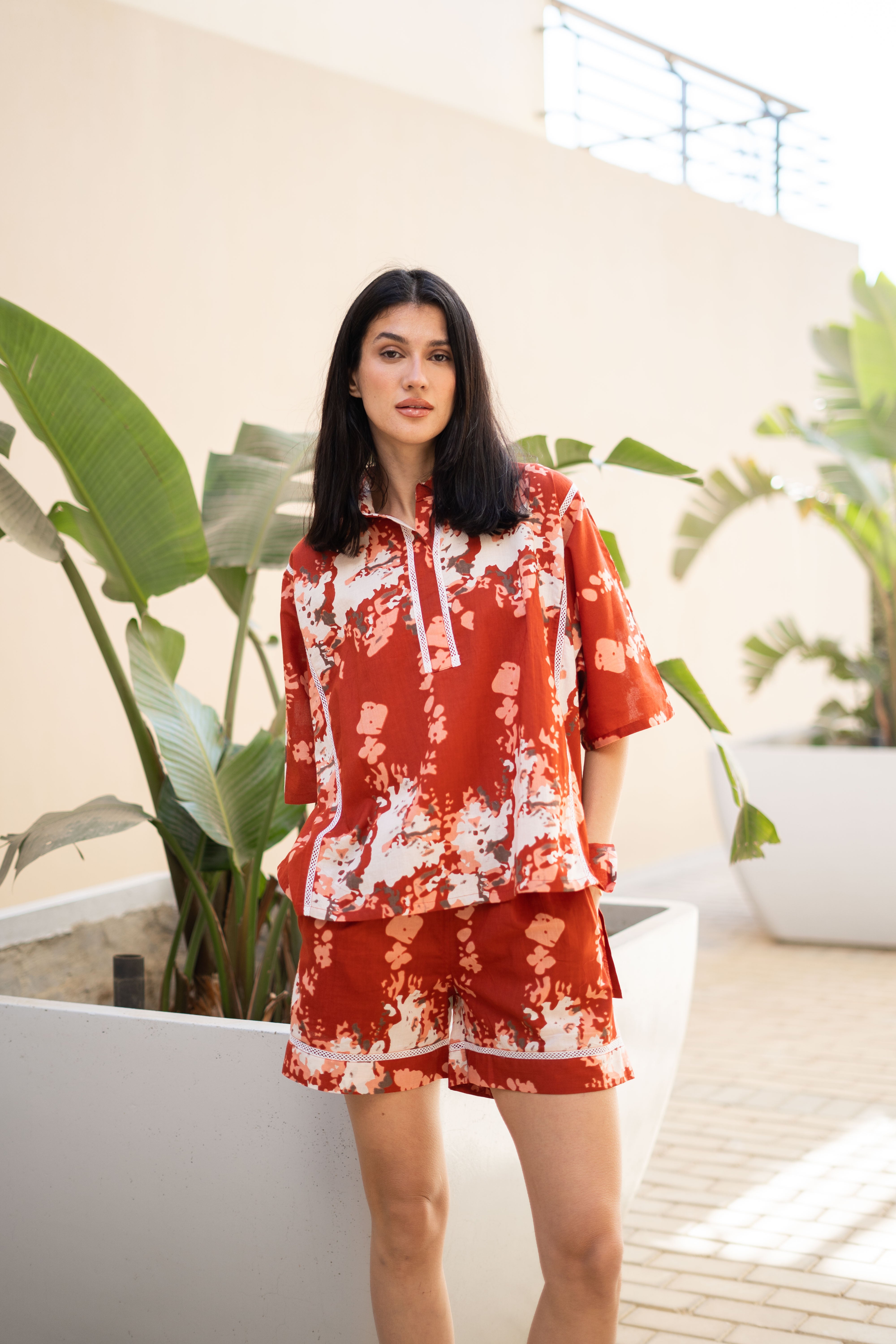 Rust Color Floral Printed Night Suit for Women