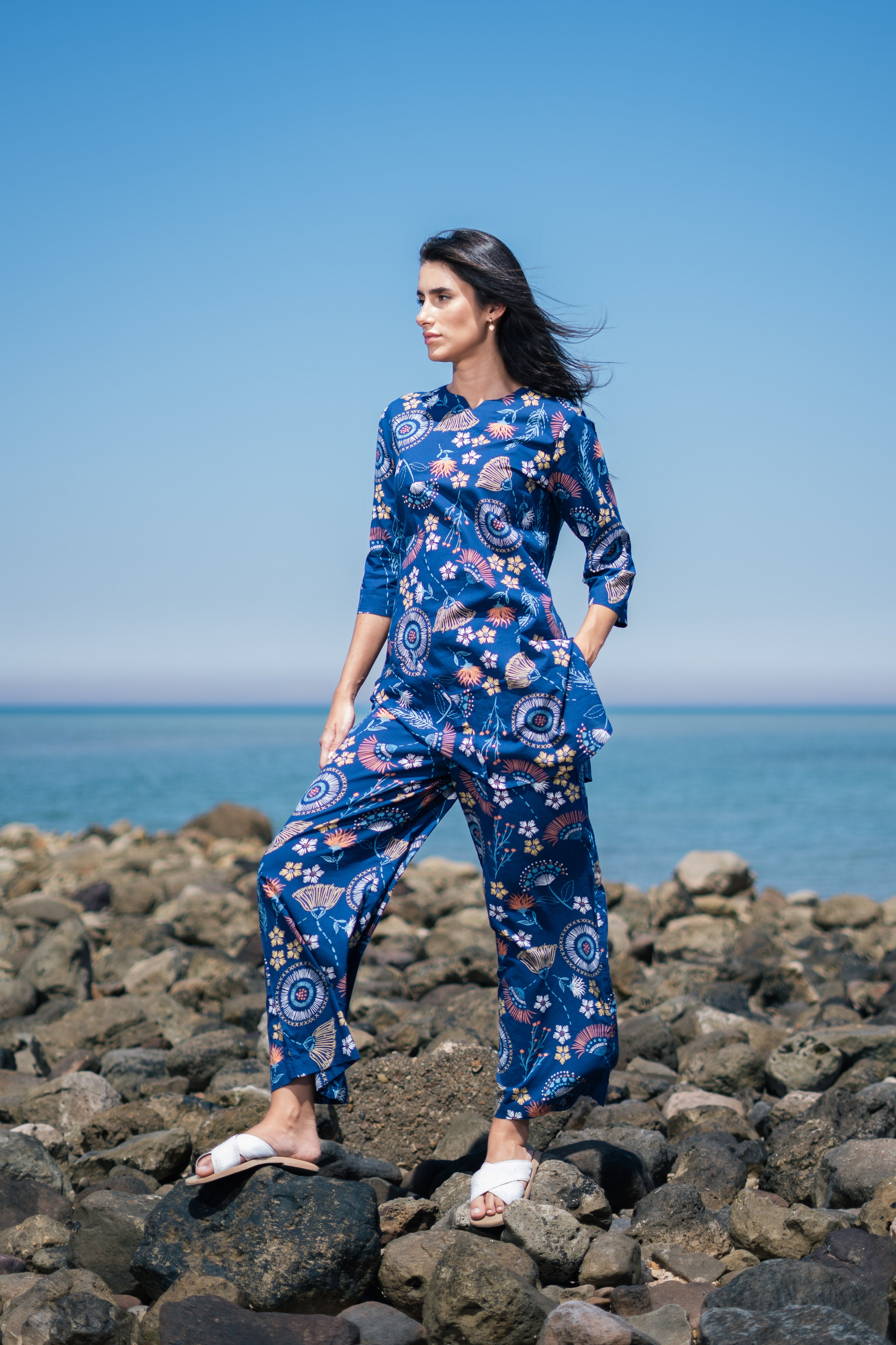 Women Blue Cotton Printed Night Suit Set