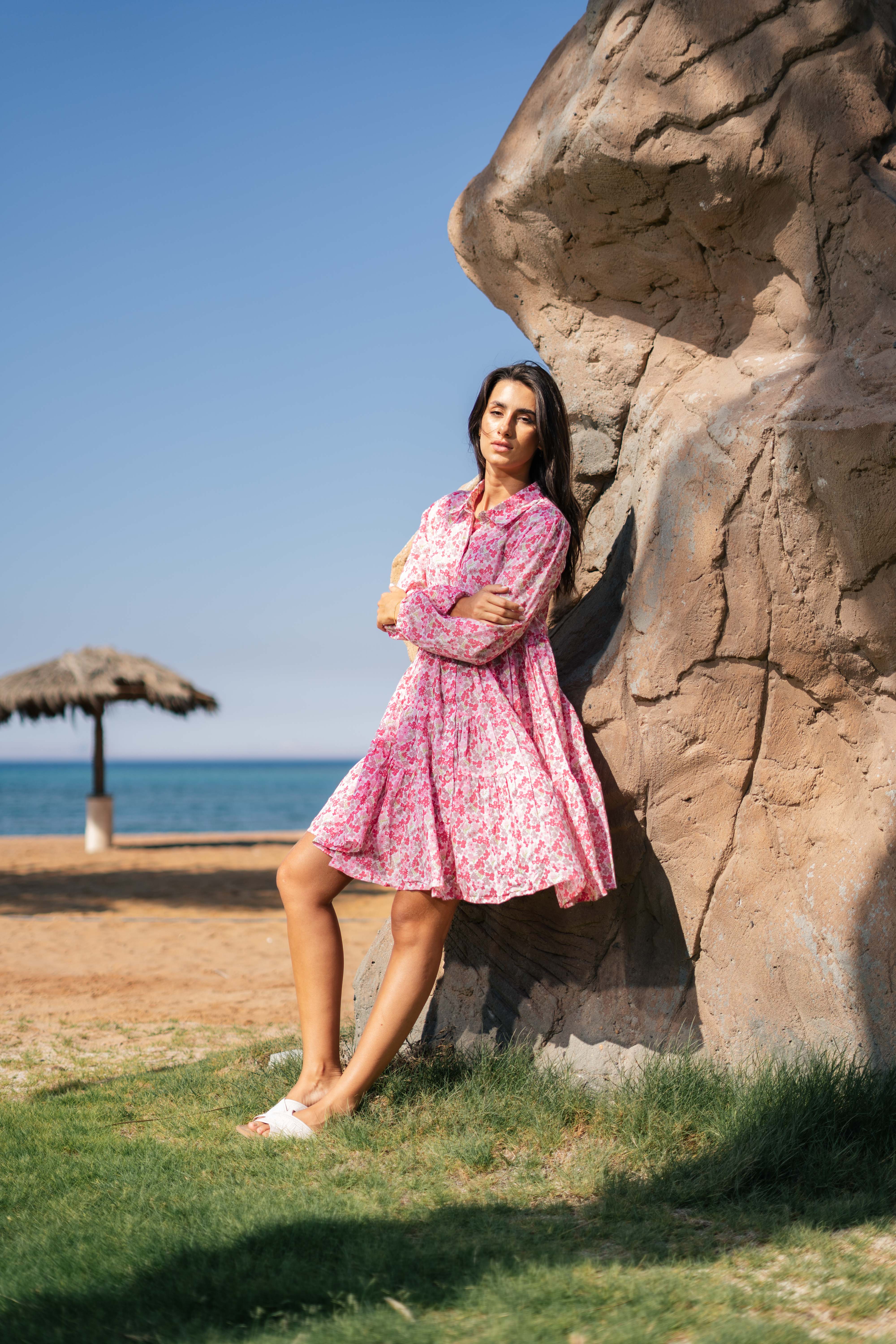 Pink Floral Printed Full Sleeve Dress