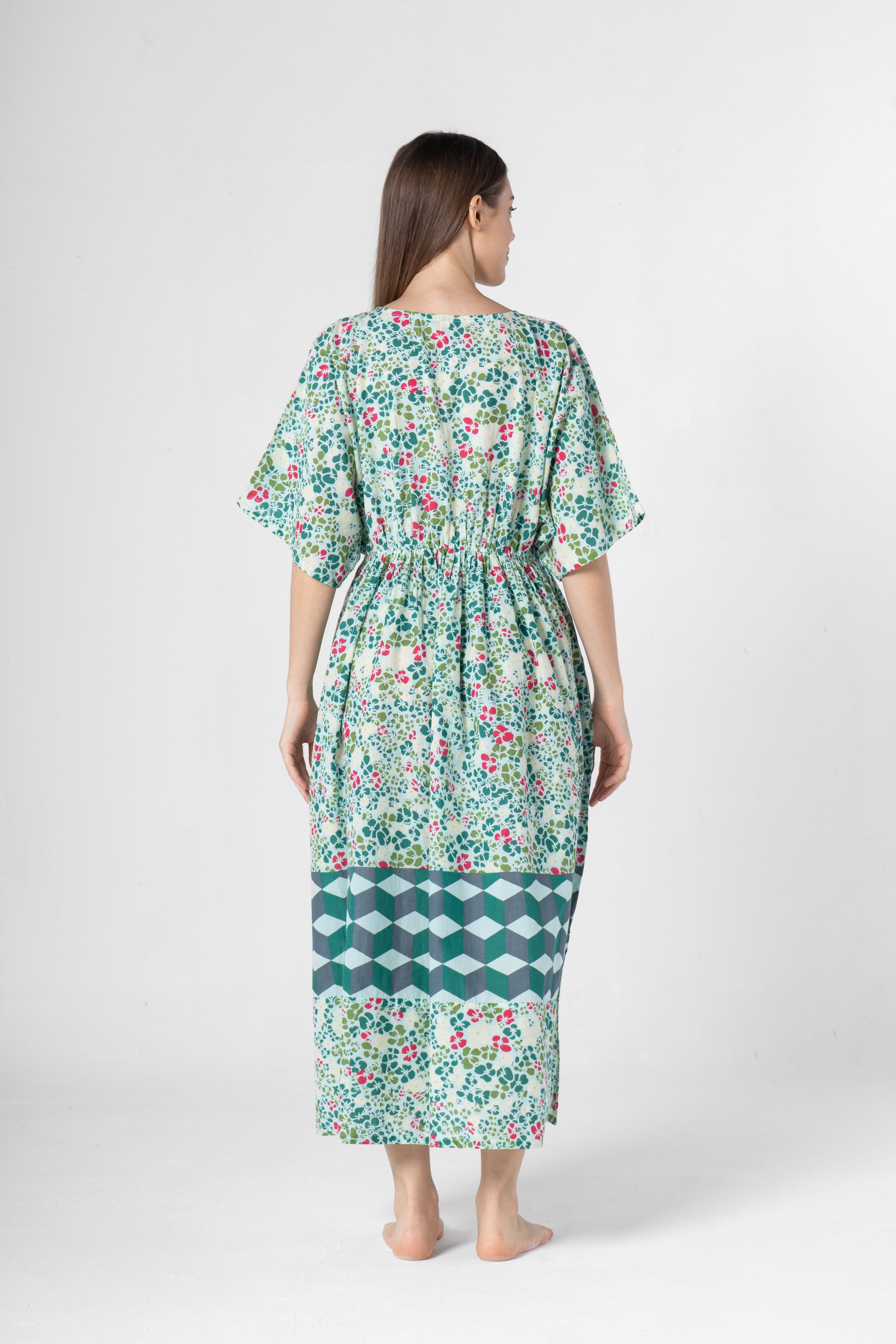 Green Floral Printed Kaftan Night Dress