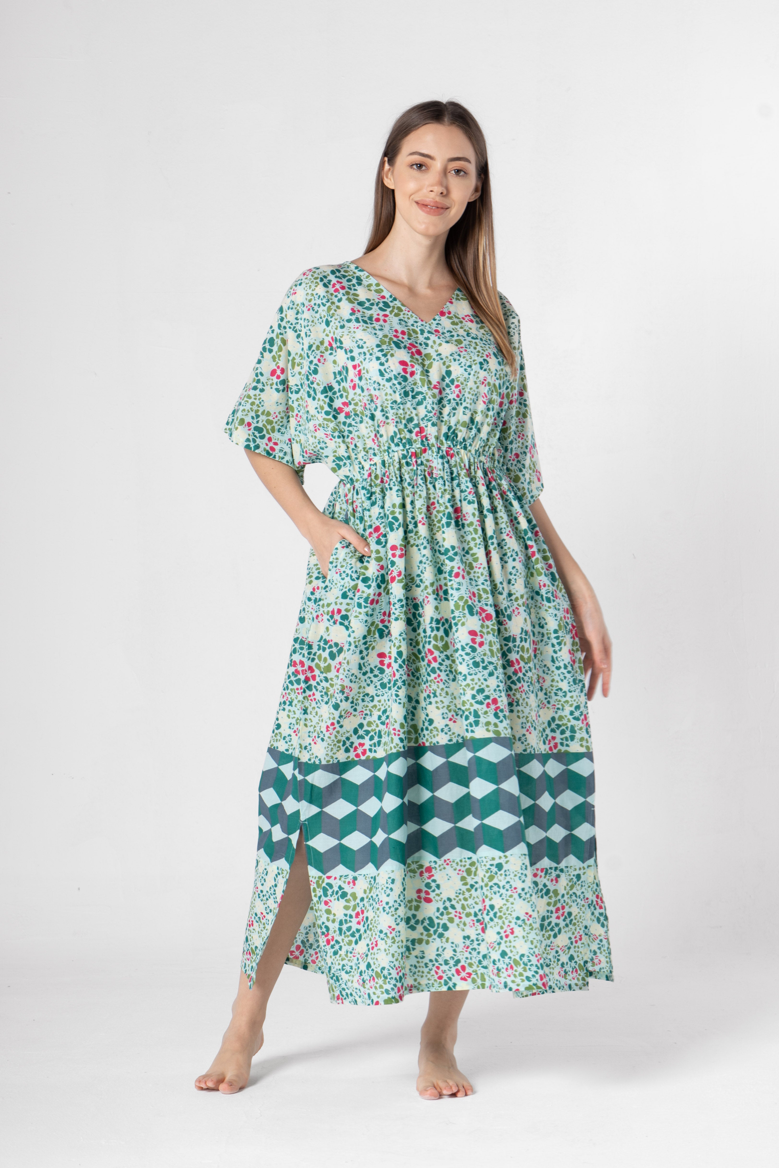 Green Floral Printed Kaftan Night Dress