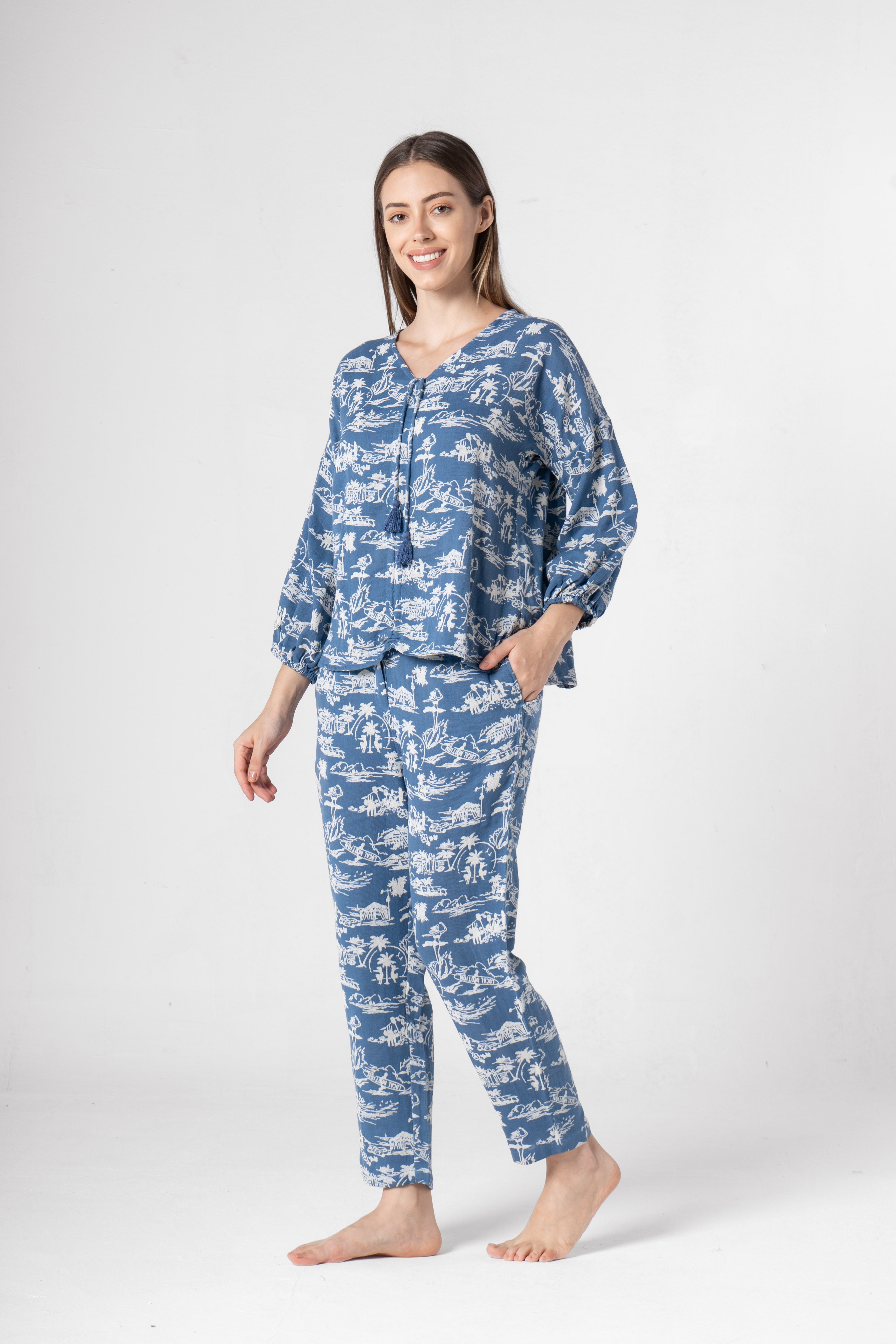 Blue Cotton Printed Co-ords Set for Women