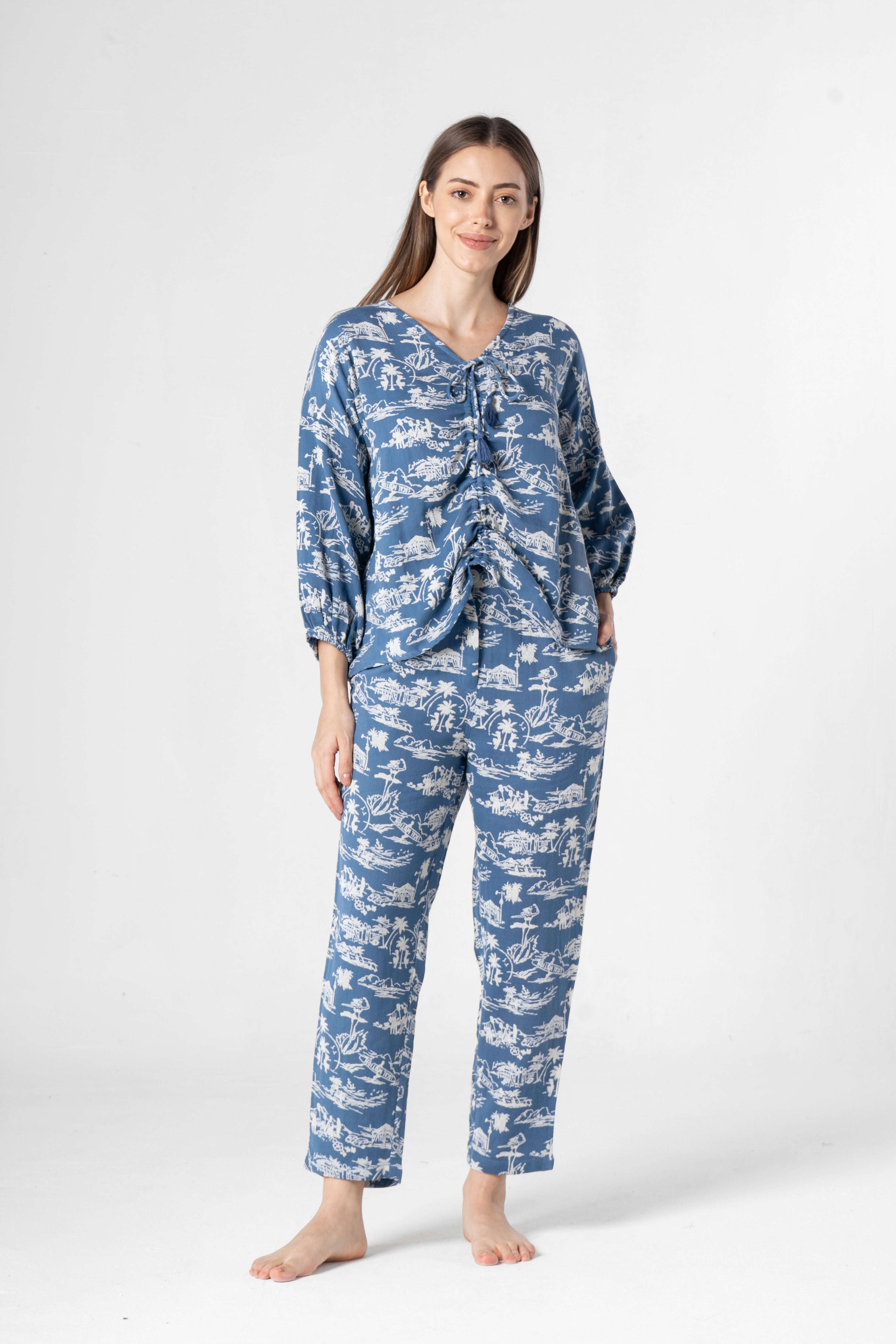 Blue Cotton Printed Co-ords Set for Women