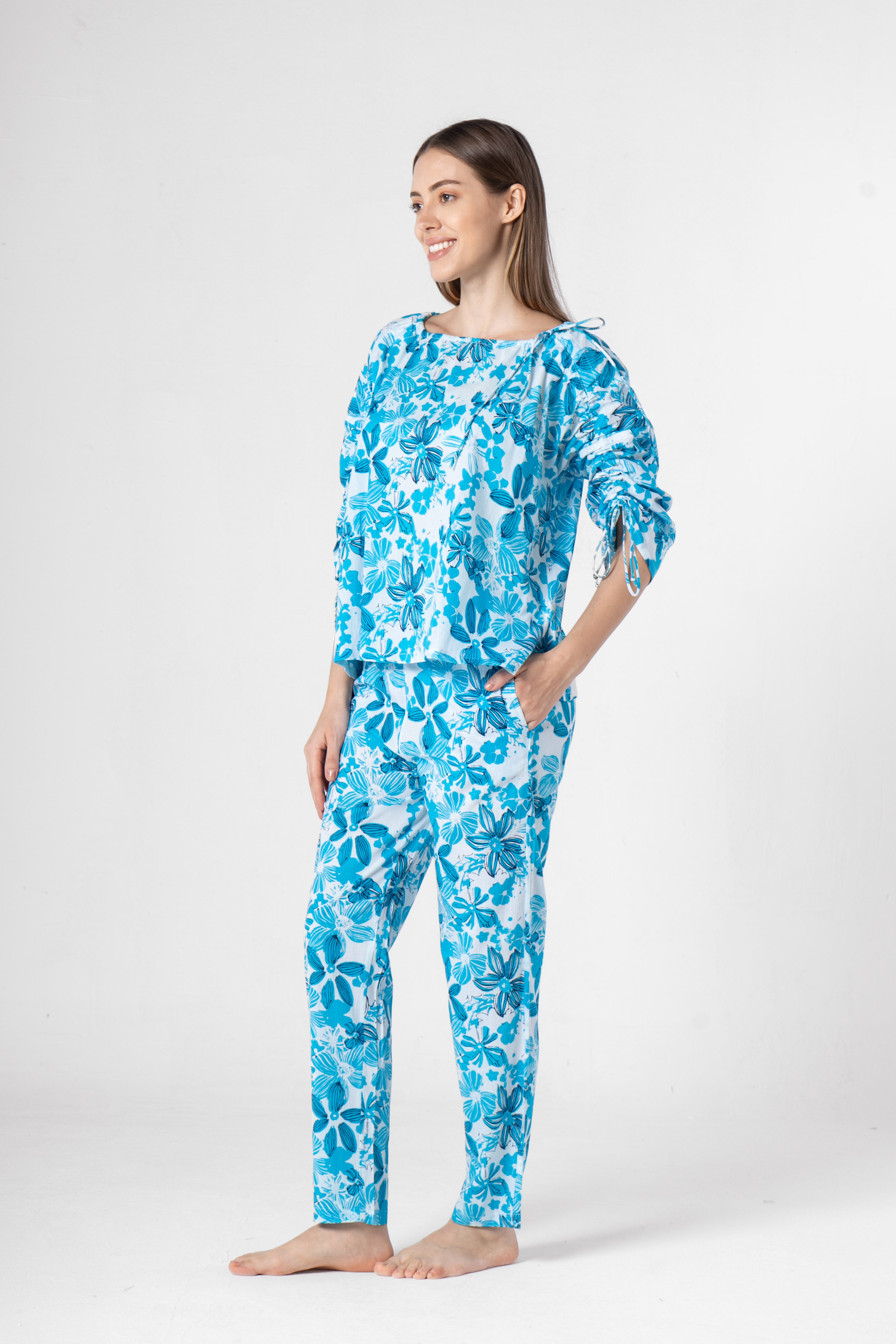 Blue Cotton Printed Co-ords Set for Women