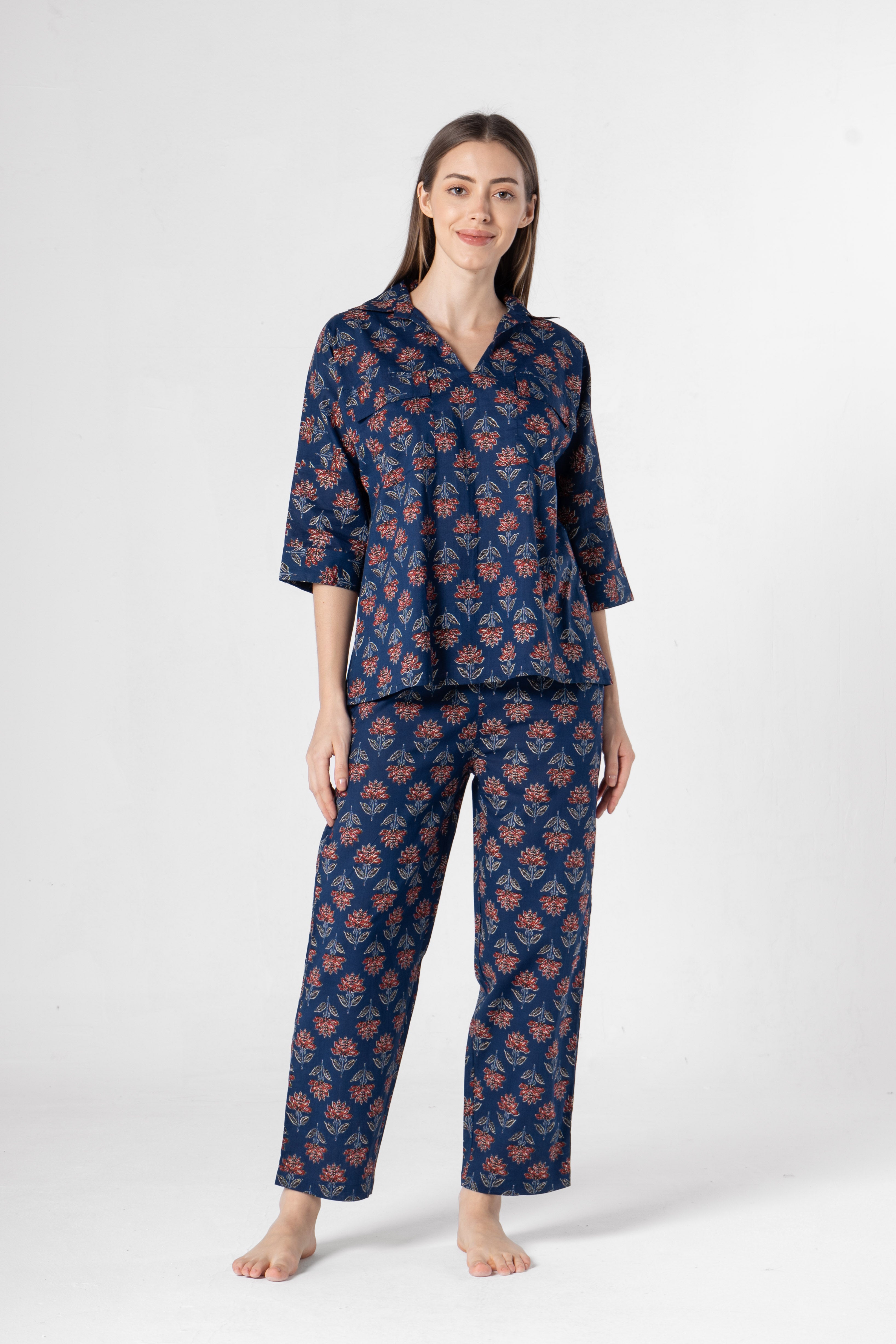 Blue Flower Printed Cotton Night Suit Set