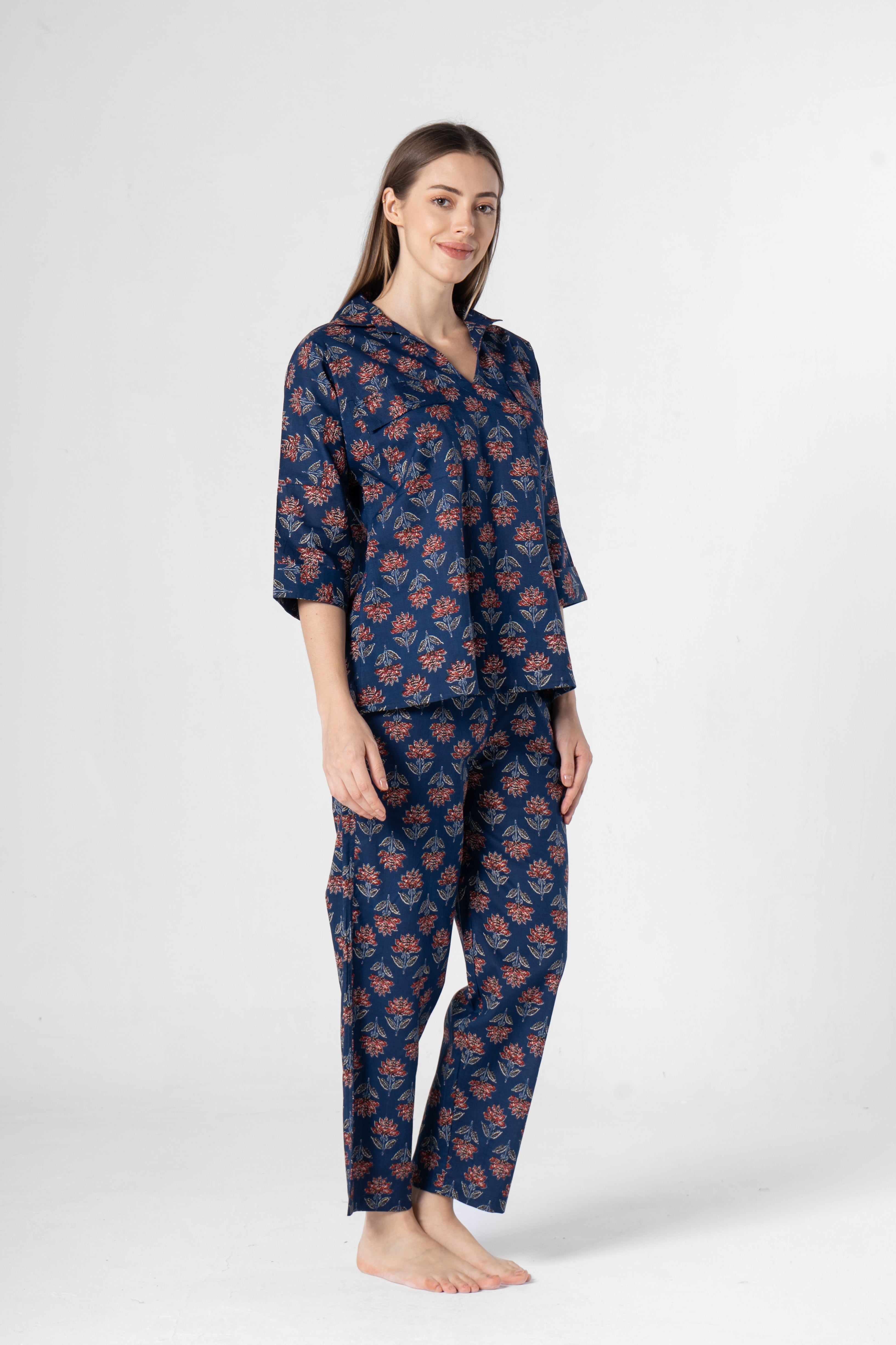 Blue Flower Printed Cotton Night Suit Set