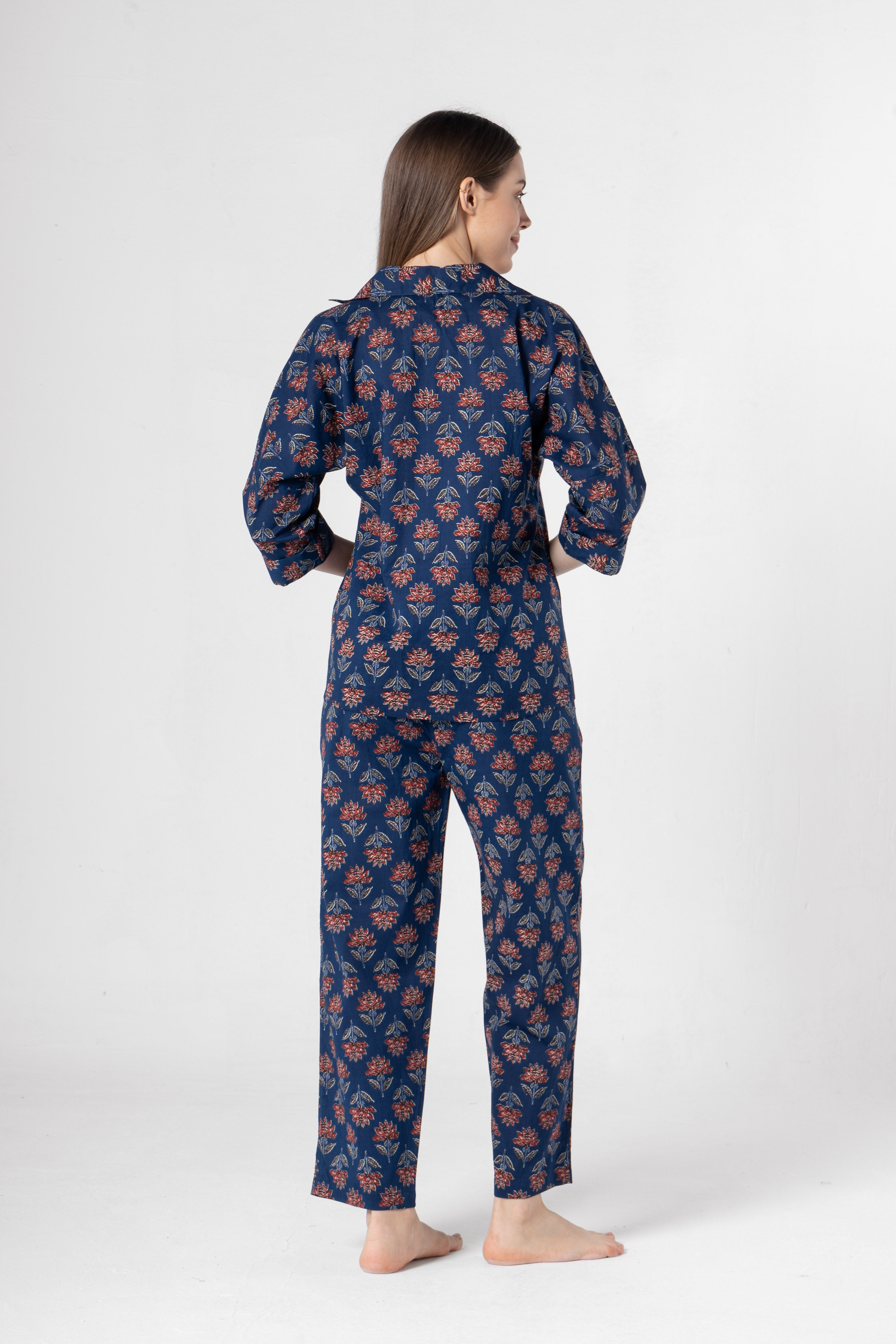 Blue Flower Printed Cotton Night Suit Set