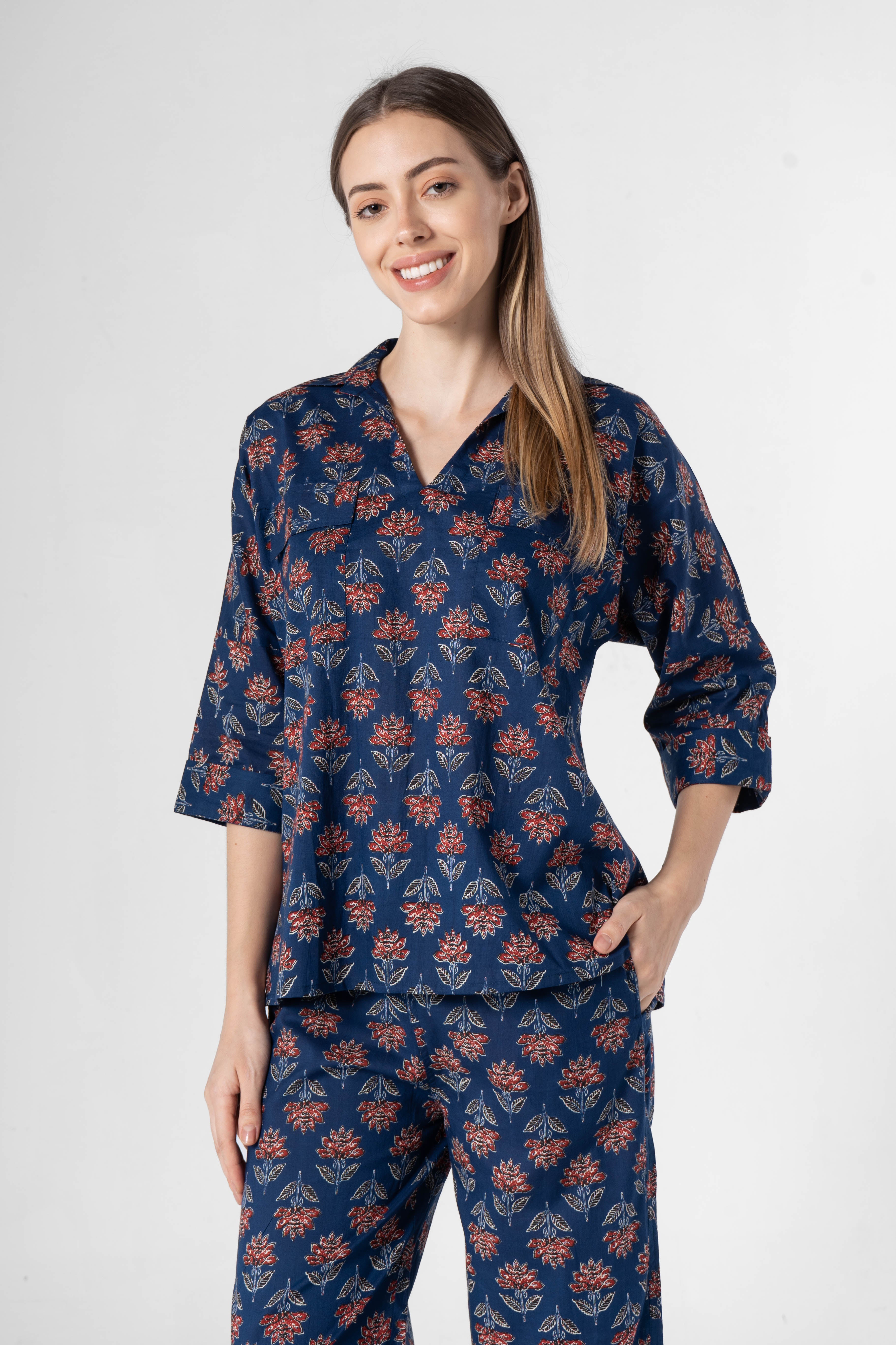 Blue Flower Printed Cotton Night Suit Set