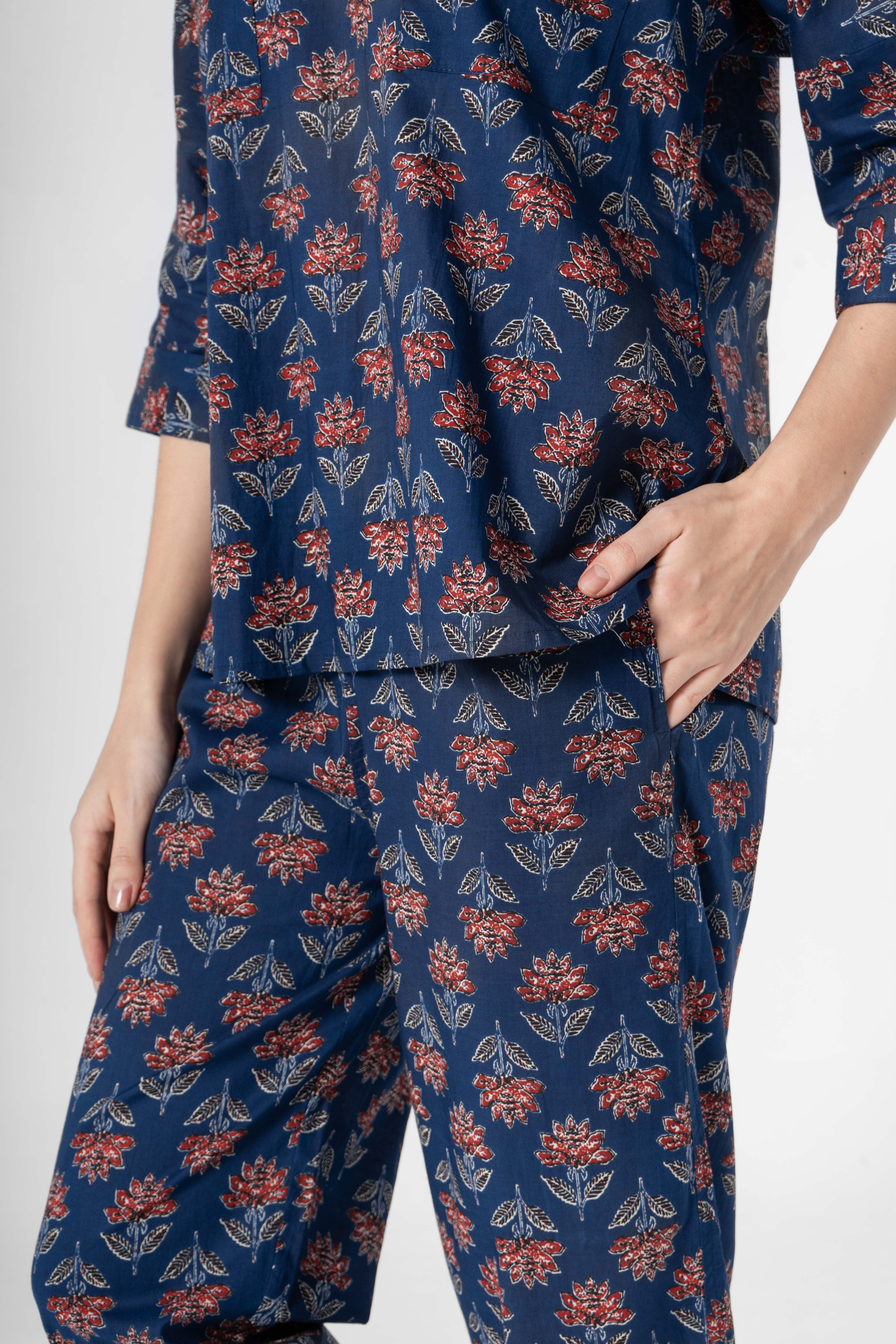 Blue Flower Printed Cotton Night Suit Set