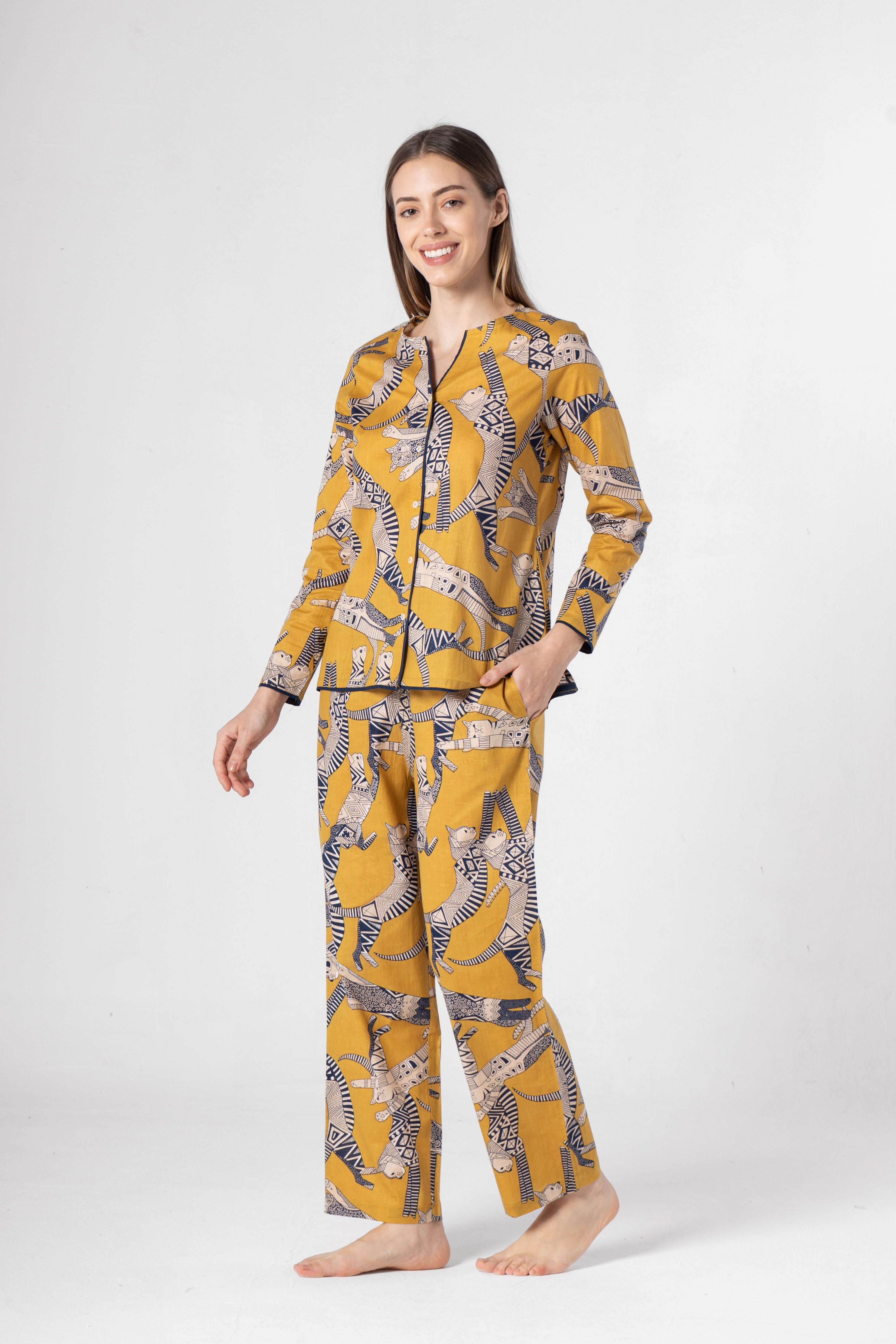 Yellow Animal Print Cotton Night Suit Set