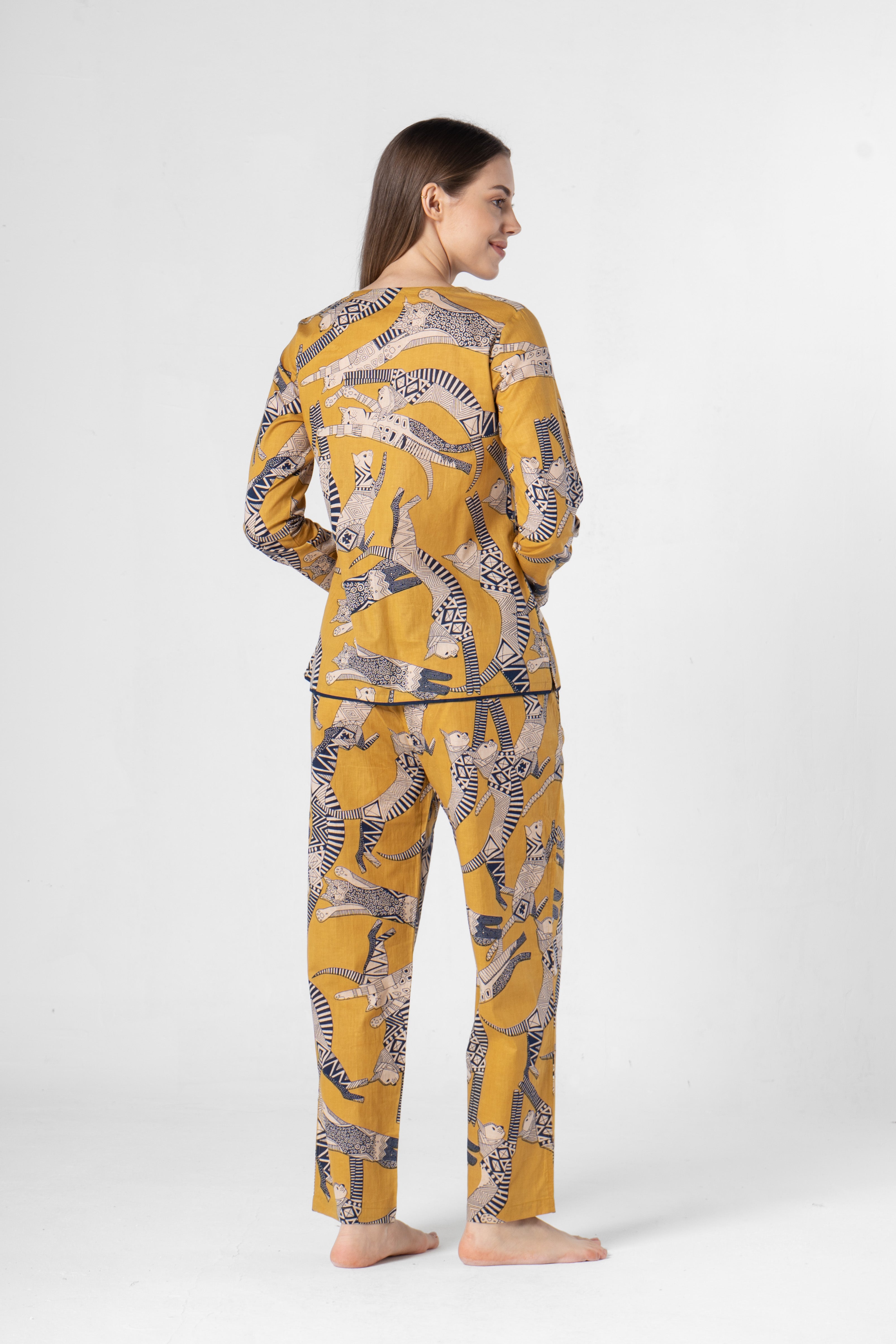 Yellow Animal Print Cotton Night Suit Set