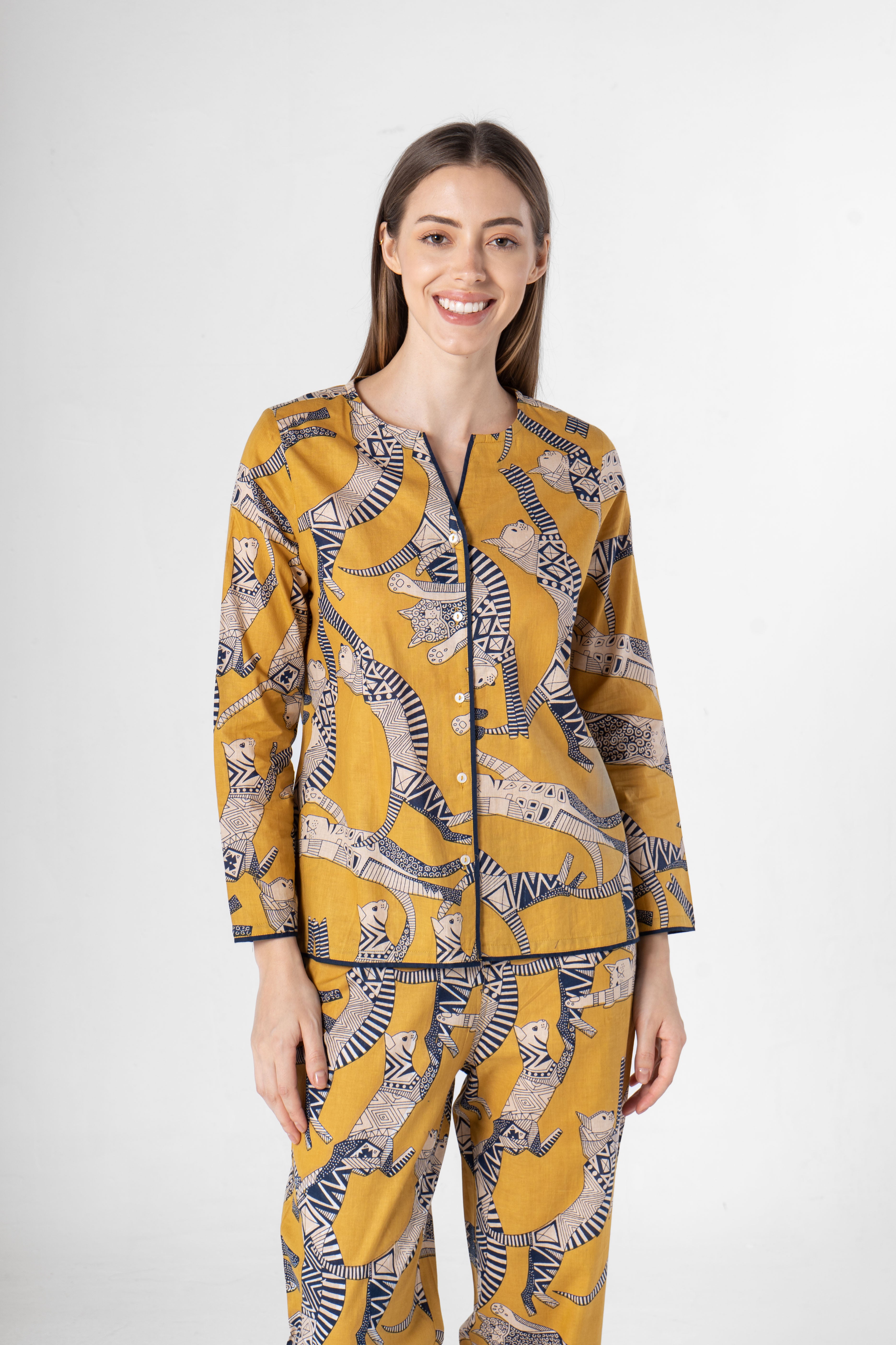 Yellow Animal Print Cotton Night Suit Set