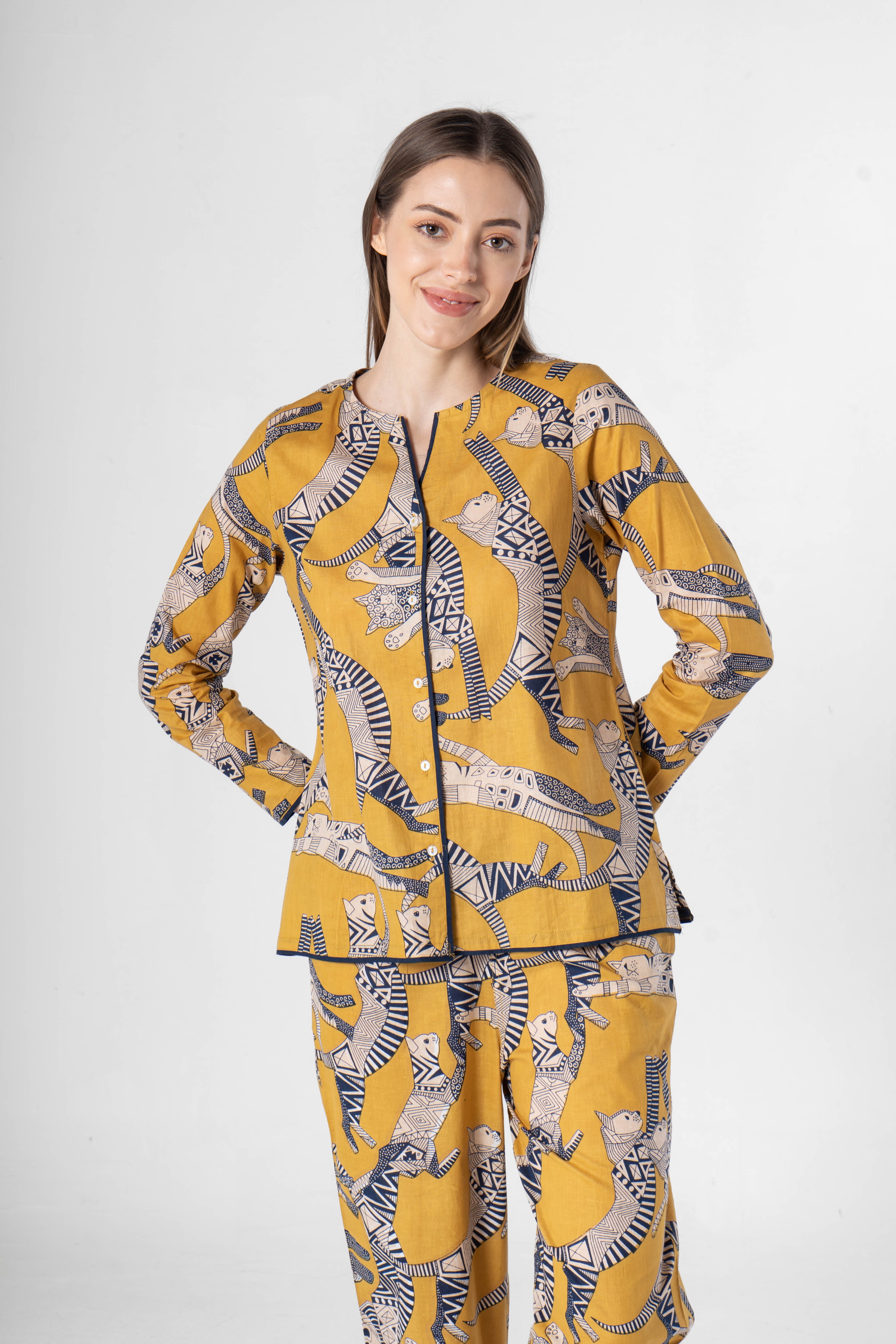 Yellow Animal Print Cotton Night Suit Set