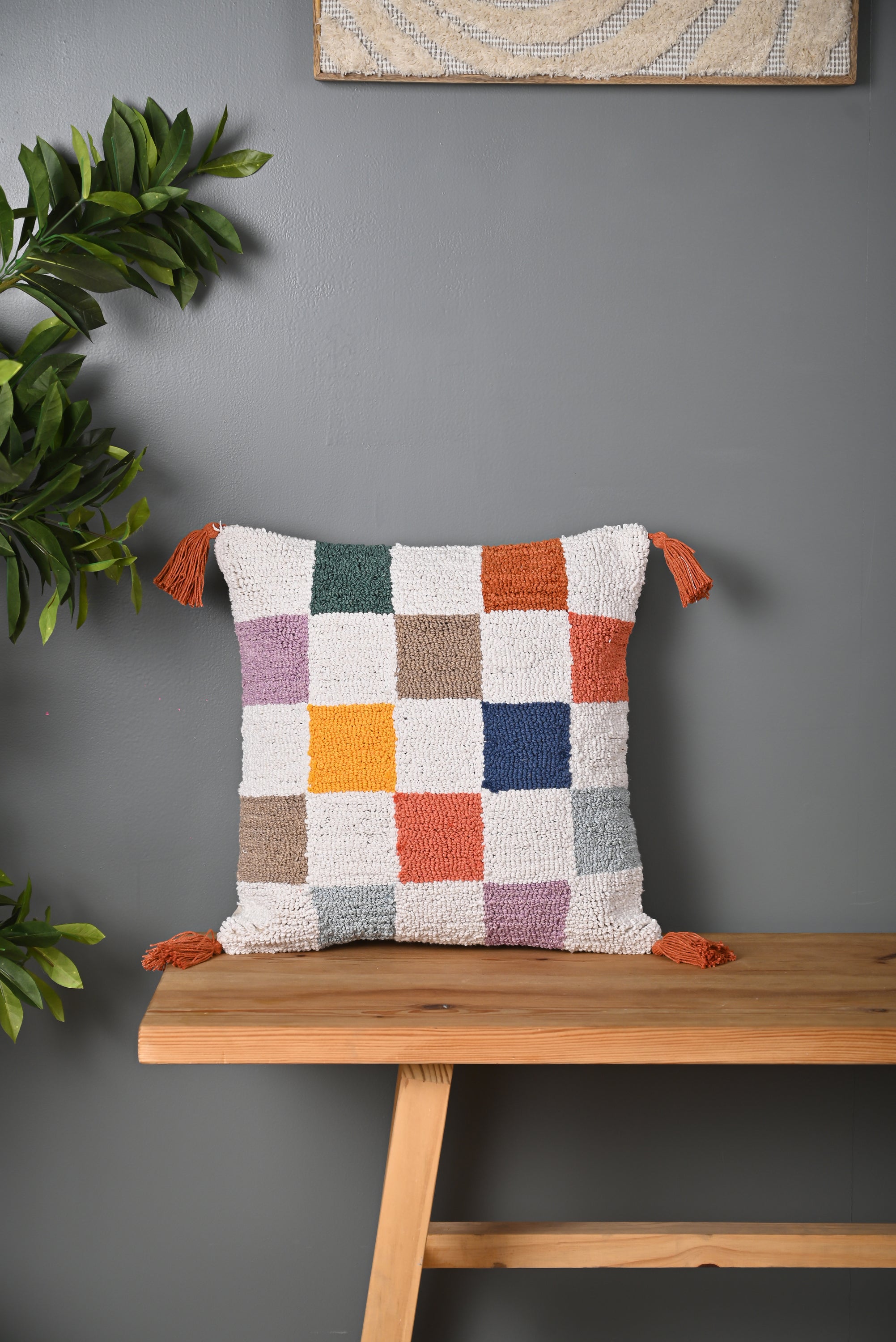 Multicolor Chacks Design Truffted Cushion Cover