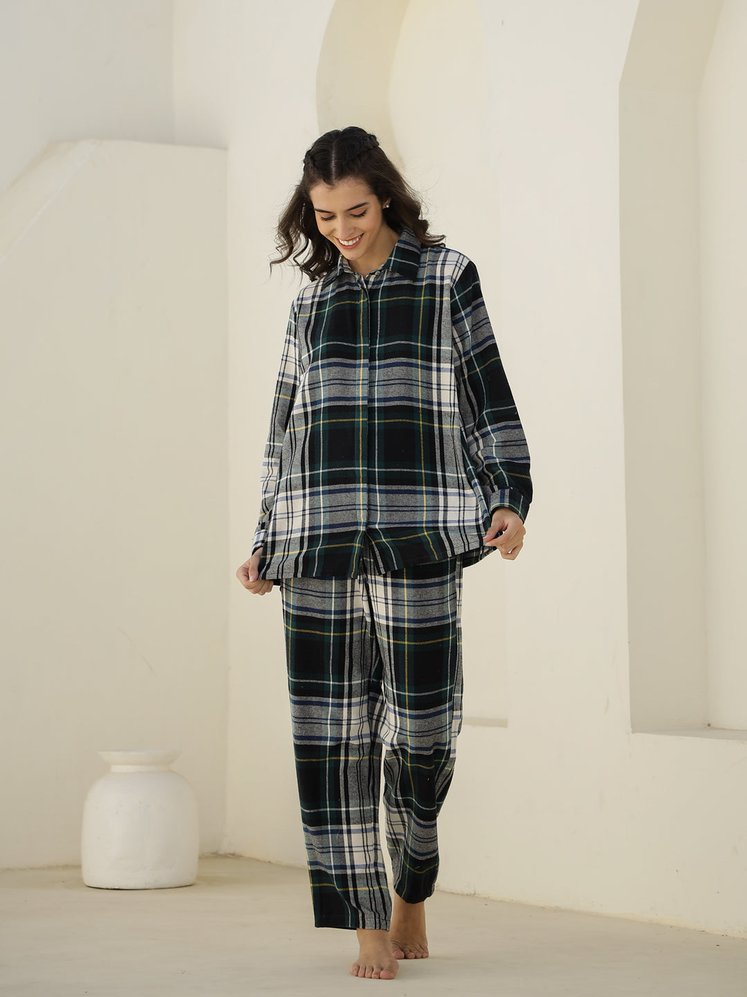 Check Printed Winter Cotton Night Suit