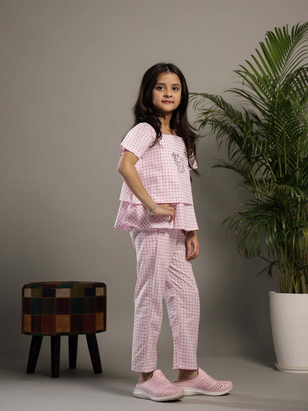 Pink Check Printed Square Neck Cotton Co-ords Set