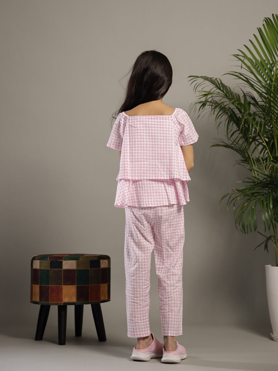 Pink Check Printed Square Neck Cotton Co-ords Set