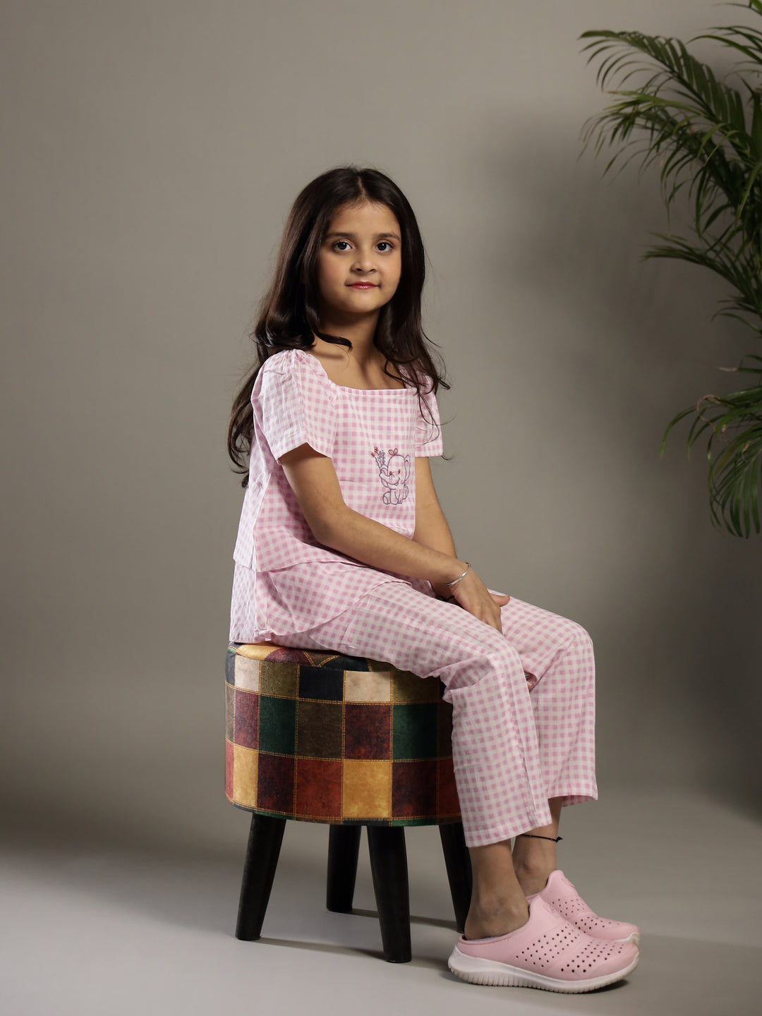 Pink Check Printed Square Neck Cotton Co-ords Set