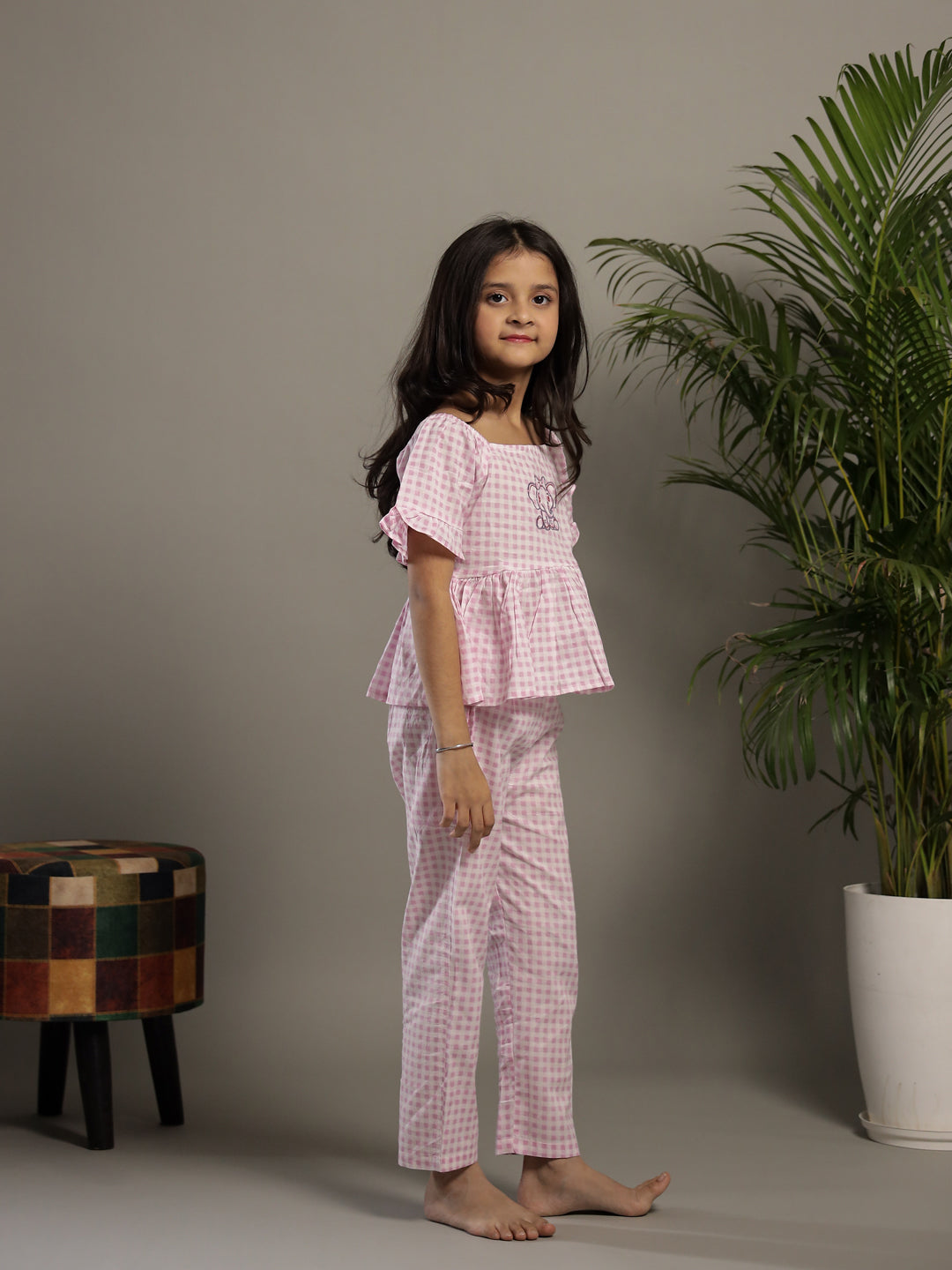 Pink Check Printed Round Neck Cotton Co-ords Set