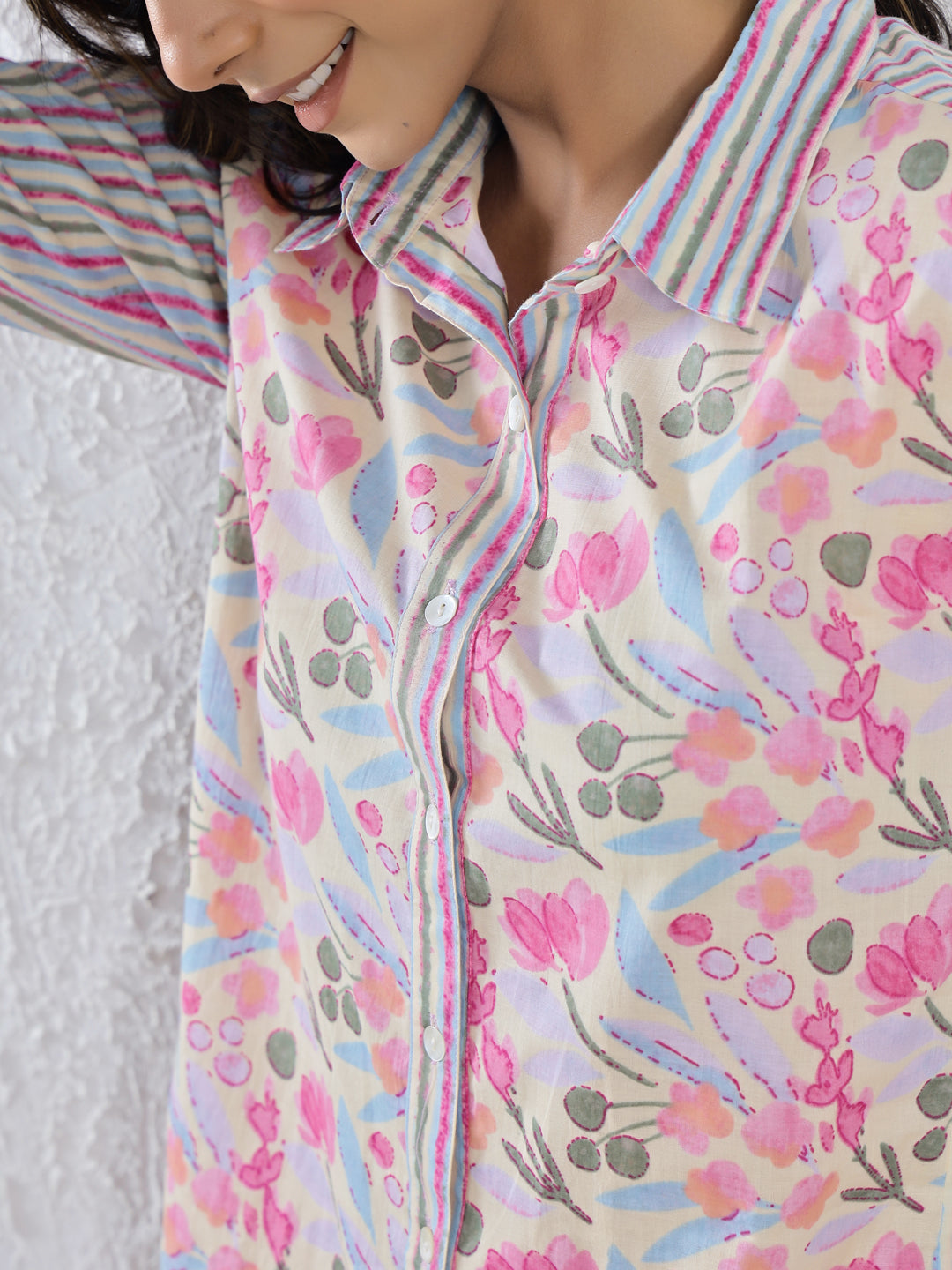 Pink Floral Printed cotton Night Suit Set