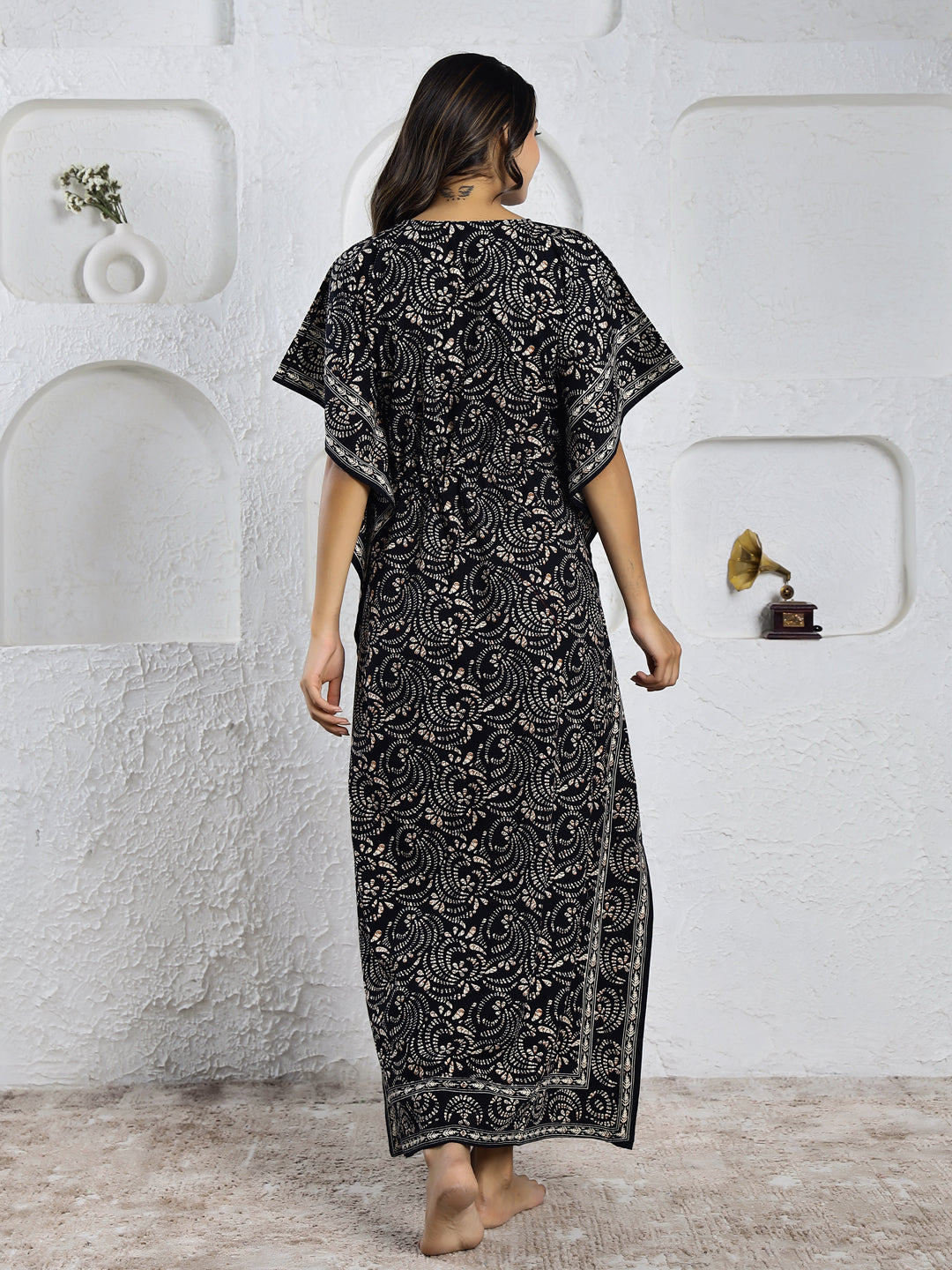 Black Cotton Ethnic Print Kaftan Maxi Dress