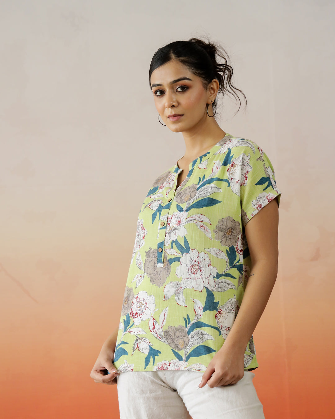 Green Flower Printed V-Neck Top