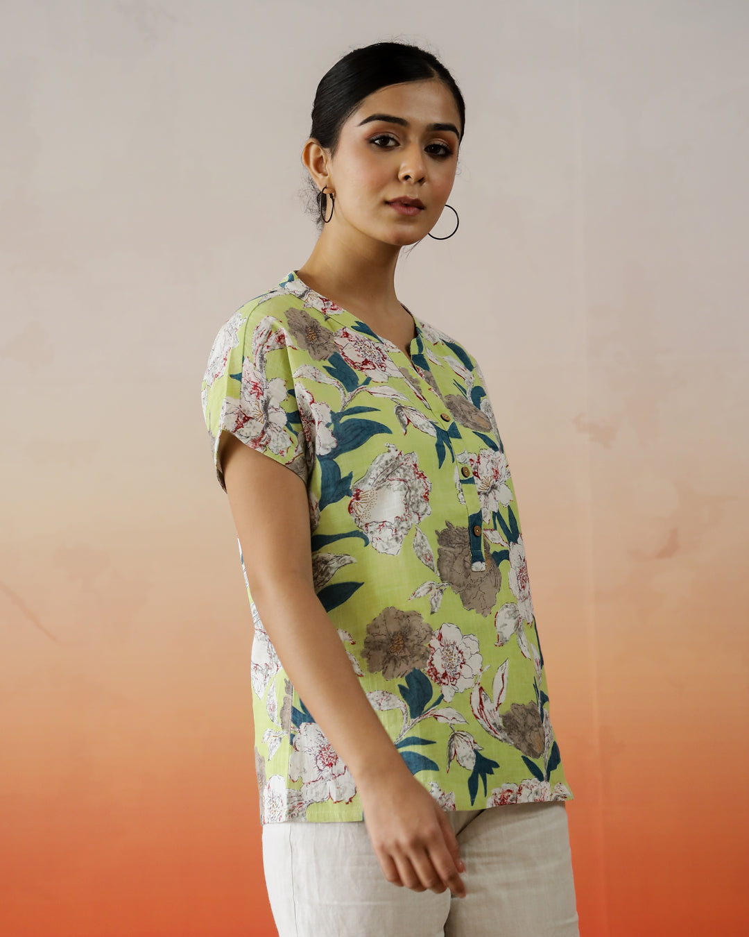 Green Flower Printed V-Neck Top