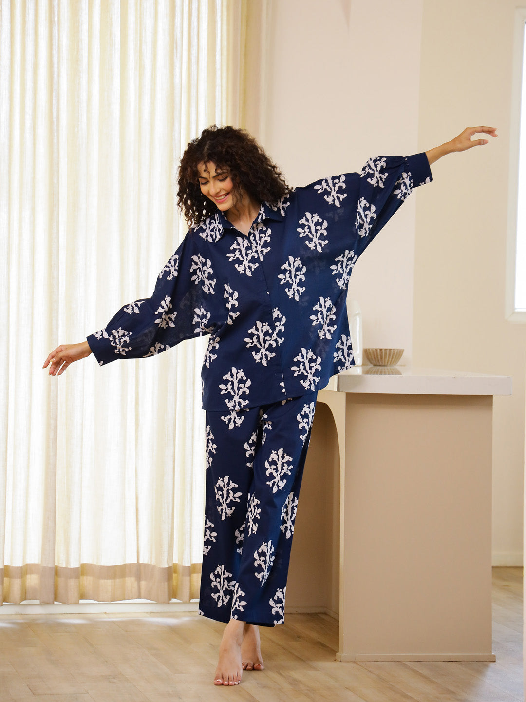 Blue Printed Night Suit Set for Women