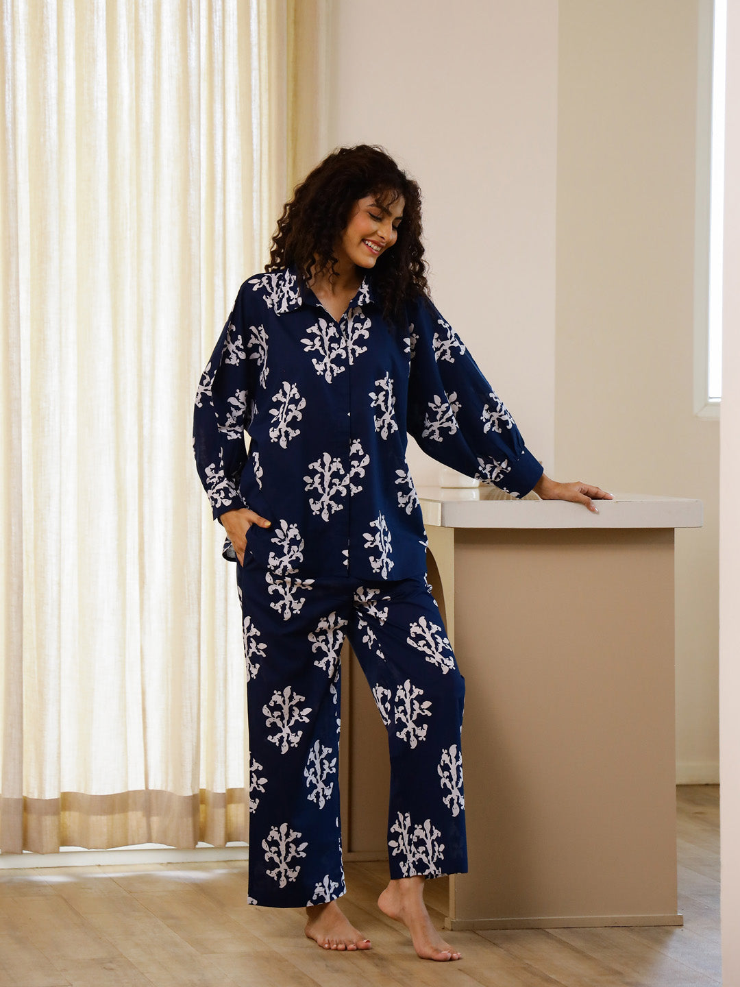 Blue Printed Night Suit Set for Women