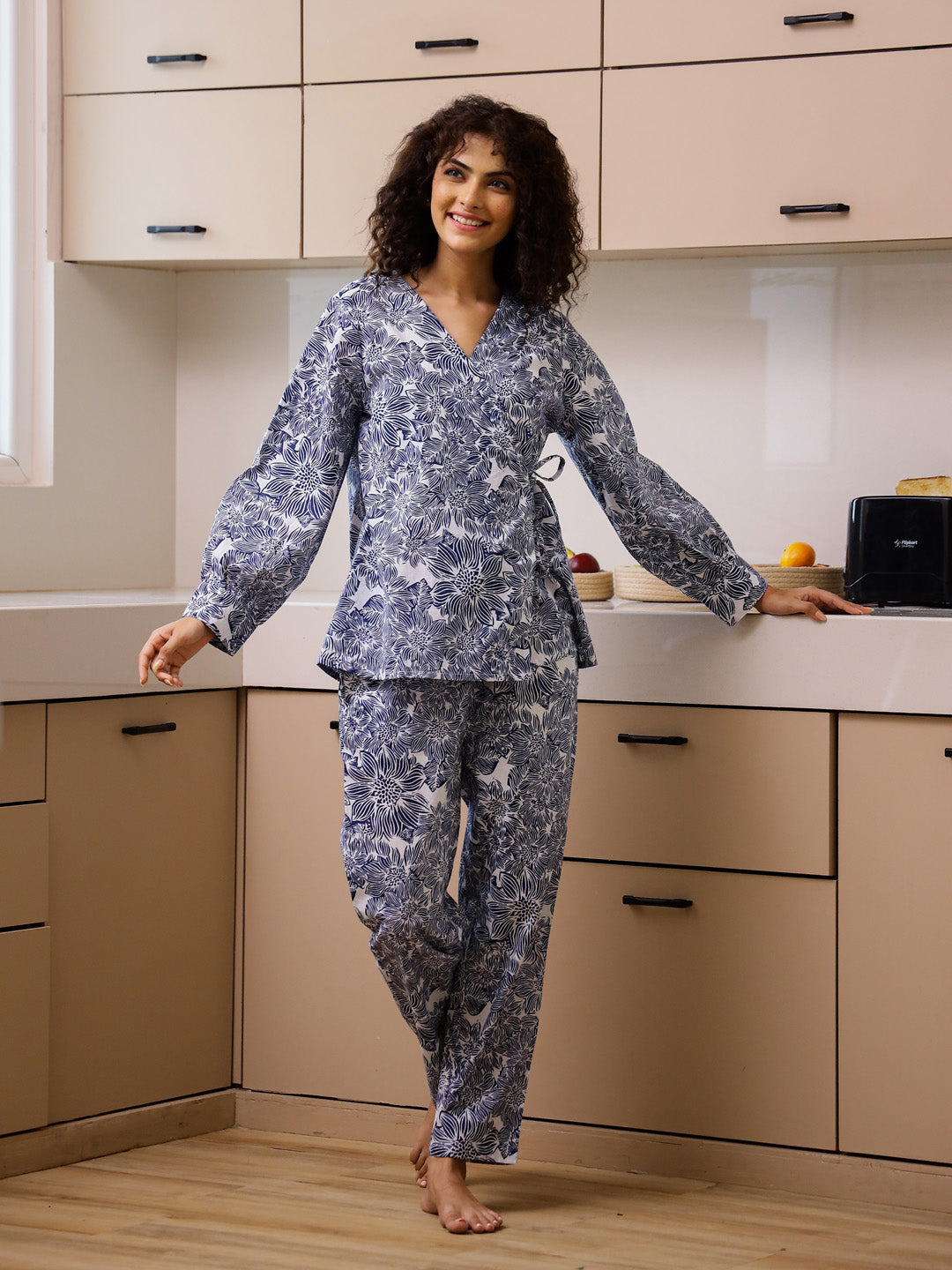 Blue Printed Cotton Night Suit Set