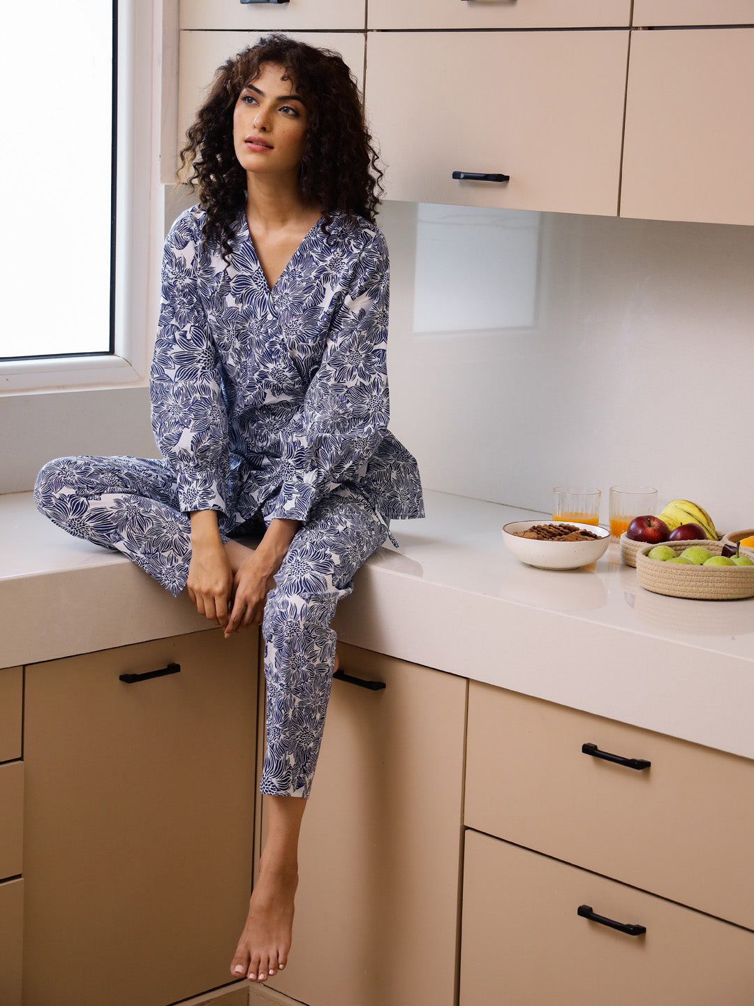 Blue Printed Cotton Night Suit Set