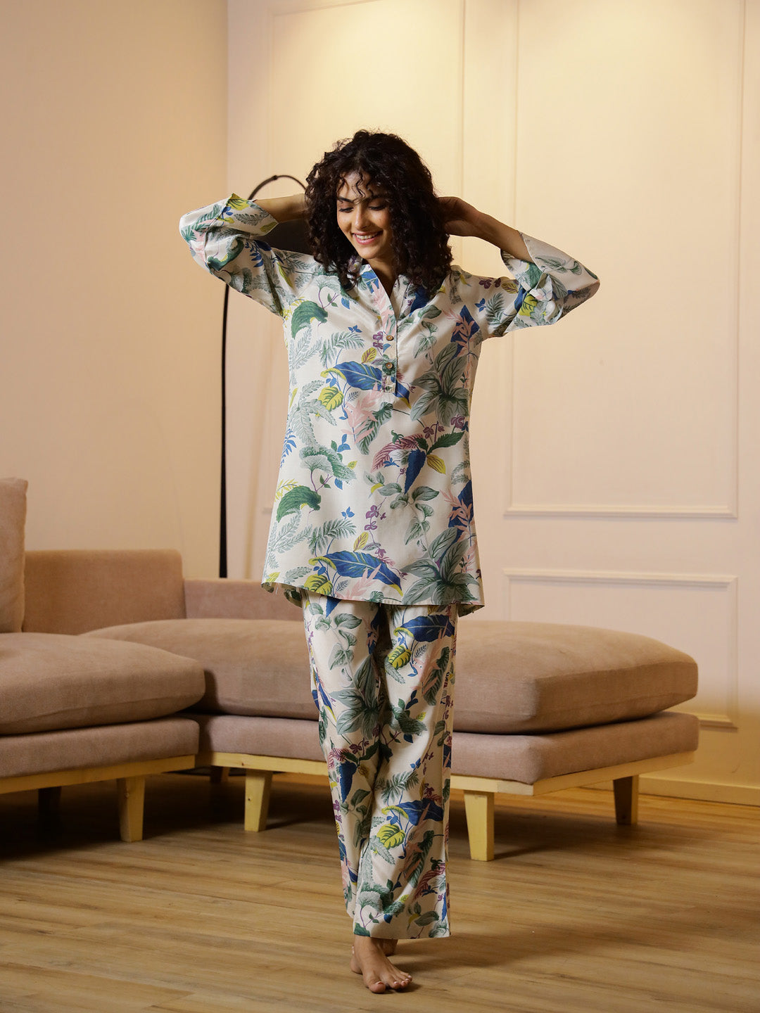 Floral Printed V-Neck Cotton Night Suit