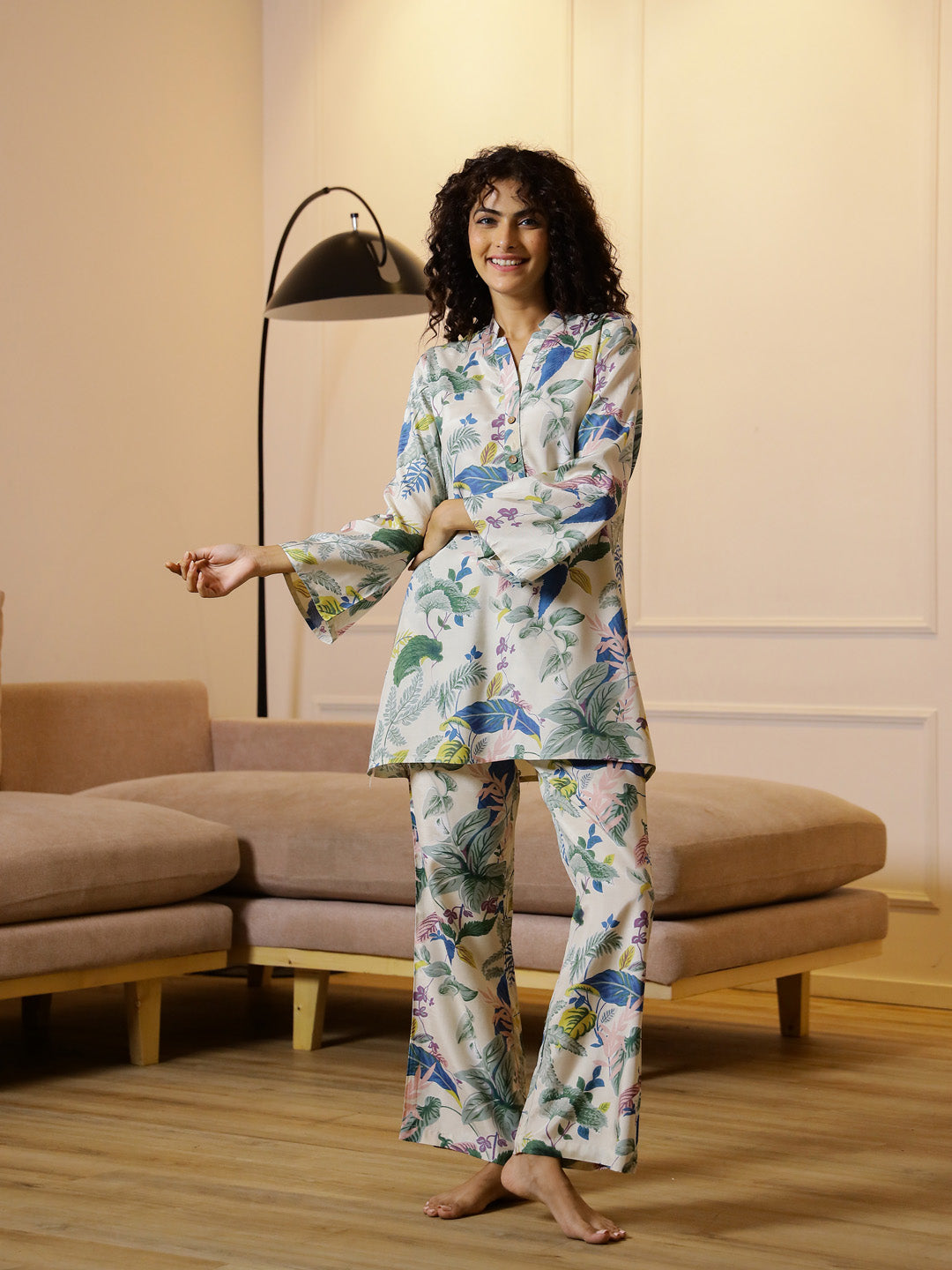 Floral Printed V-Neck Cotton Night Suit