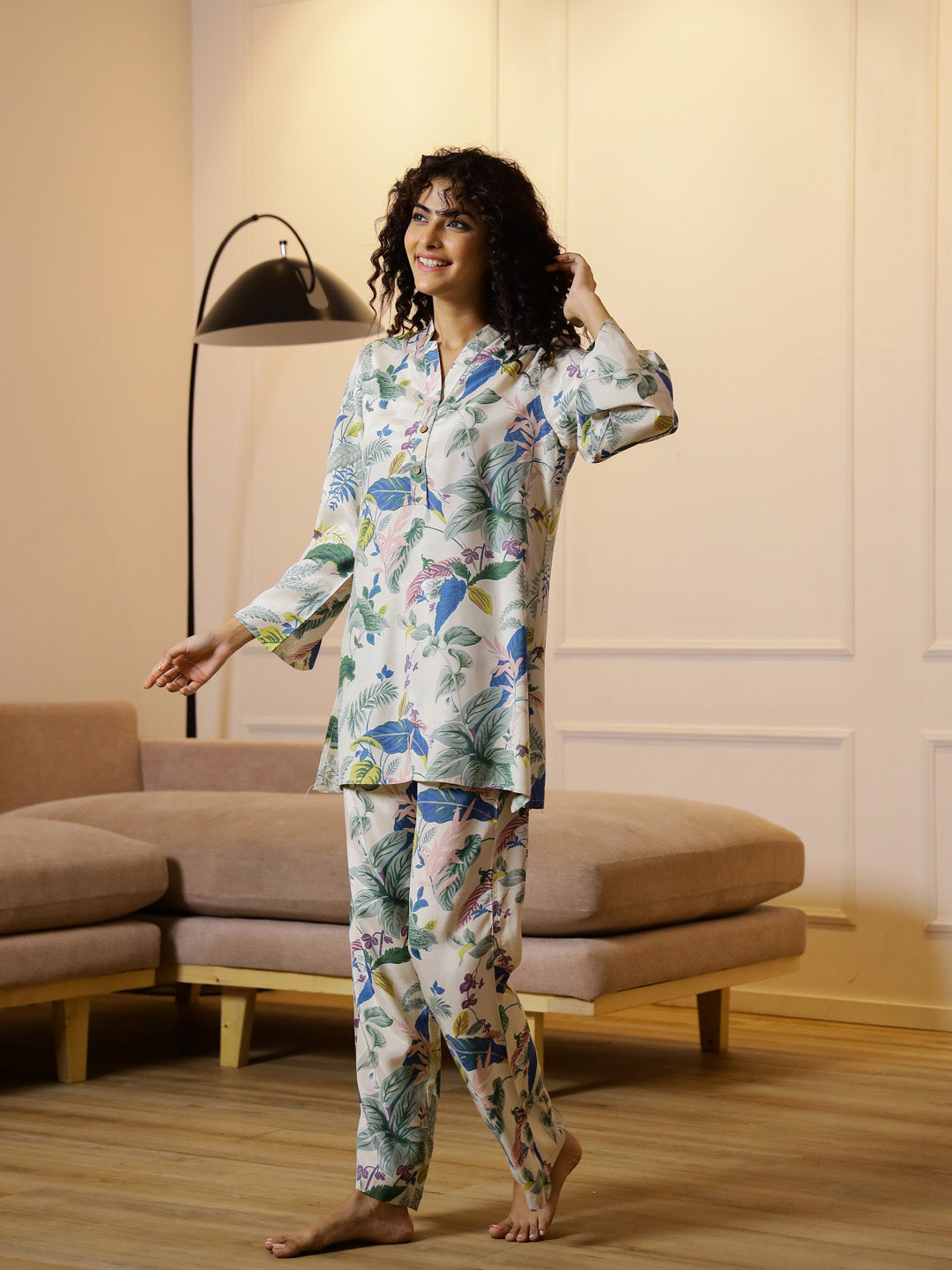 Floral Printed V-Neck Cotton Night Suit