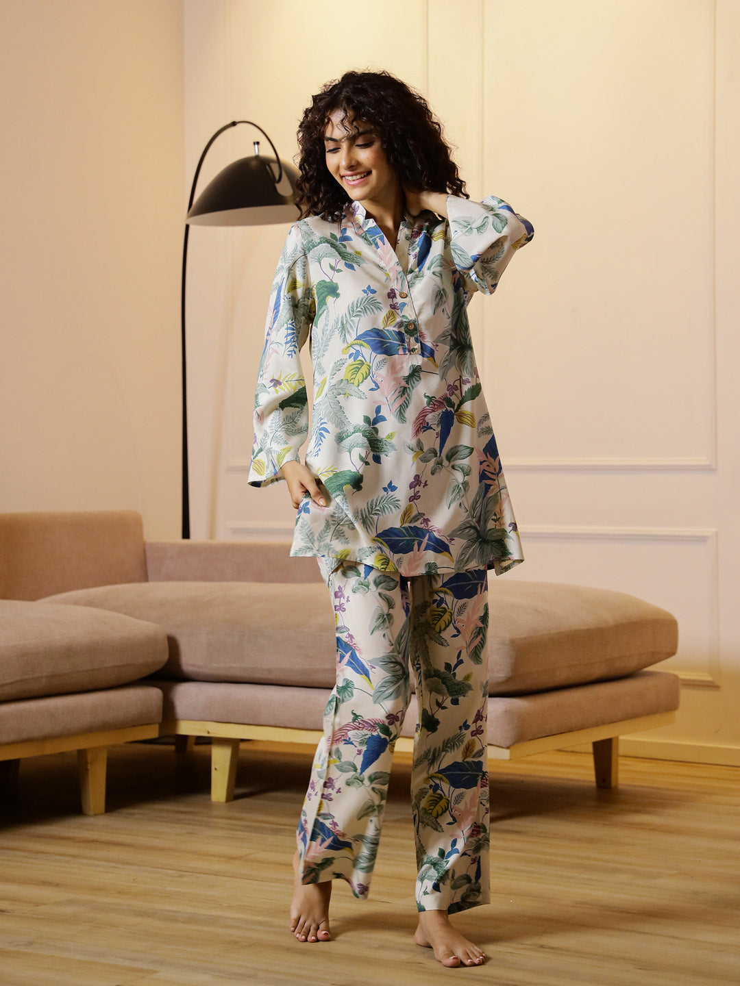 Floral Printed V-Neck Cotton Night Suit