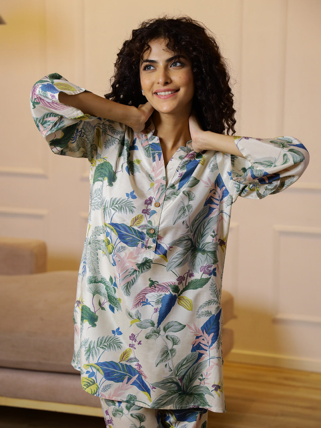 Floral Printed V-Neck Cotton Night Suit