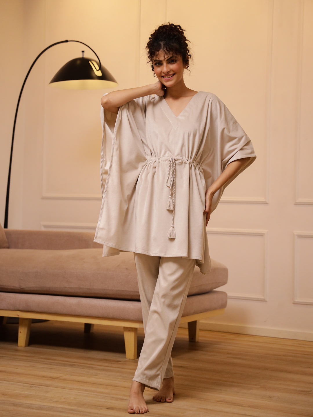 Cream V-Neck Velvet Winter Kaftan