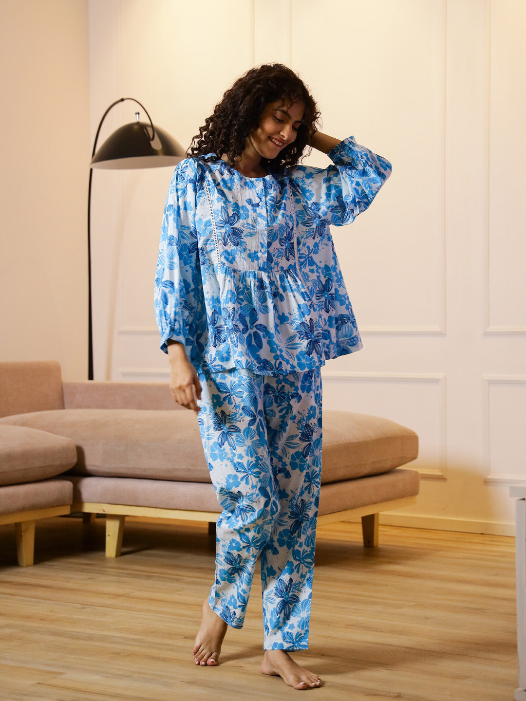 Blue Flower Printed Round Neck Night Suit