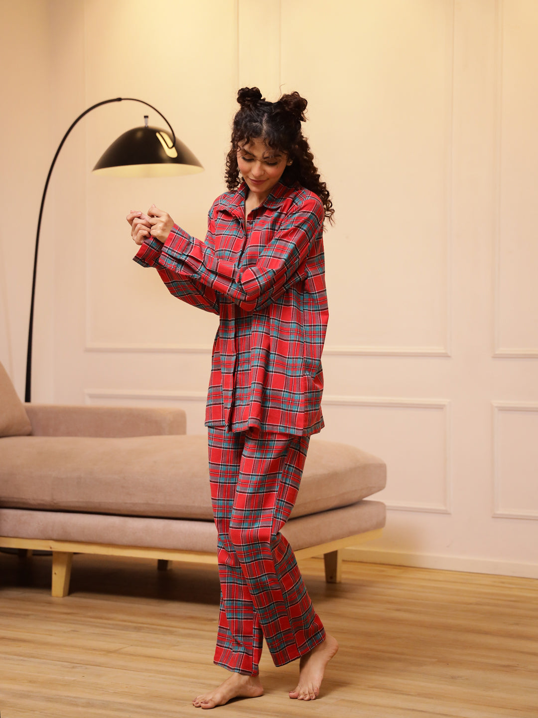 Red Solid Print Striped Cotton Night Suit Set